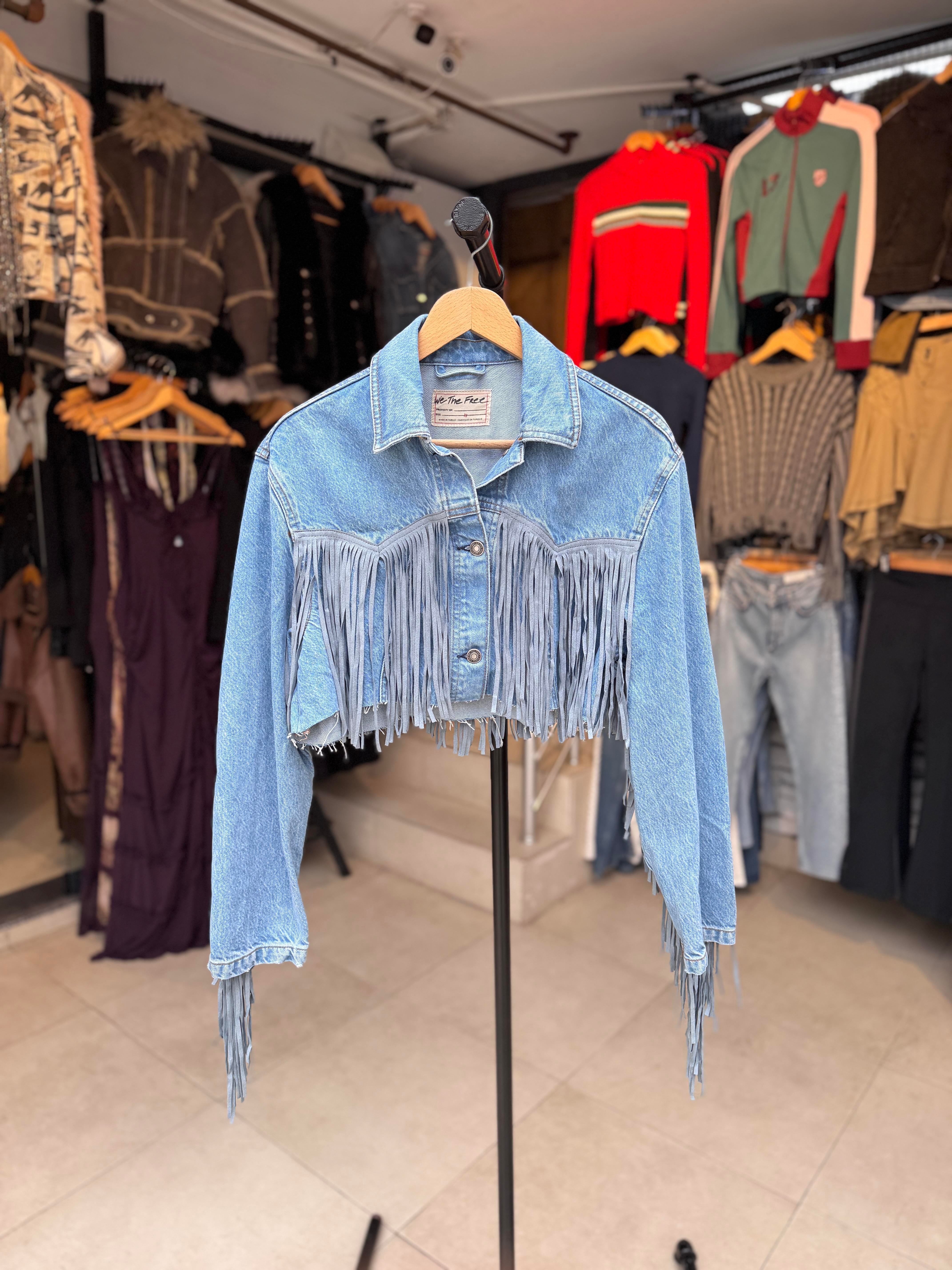 Püskül Detaylı Crop Oversize Mavi Kot Ceket