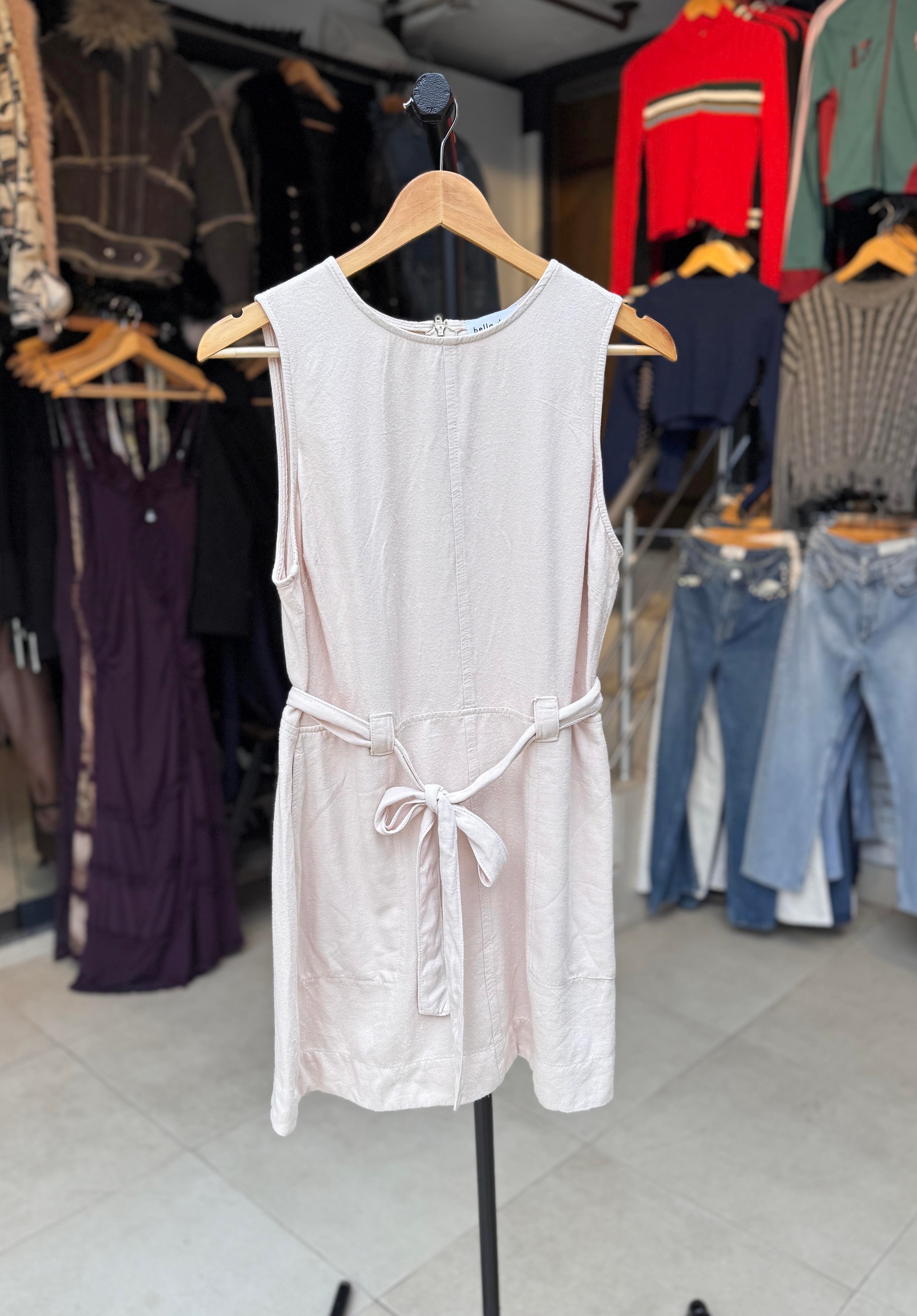 Sıfır Kol Bel Bağlamalı Keten Krem Elbise