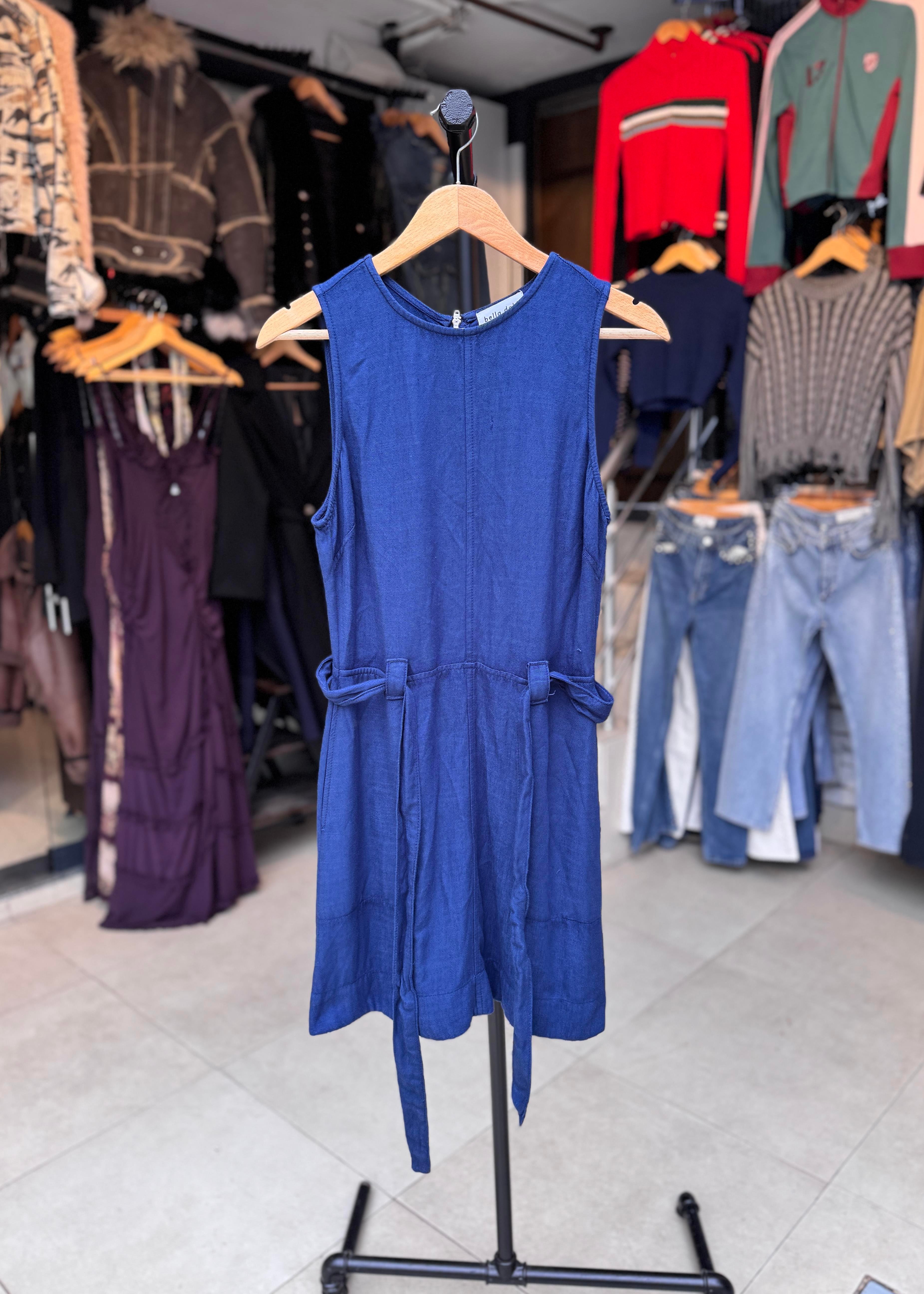 Sıfır Kol Bel Bağlamalı Keten Lacivert Elbise