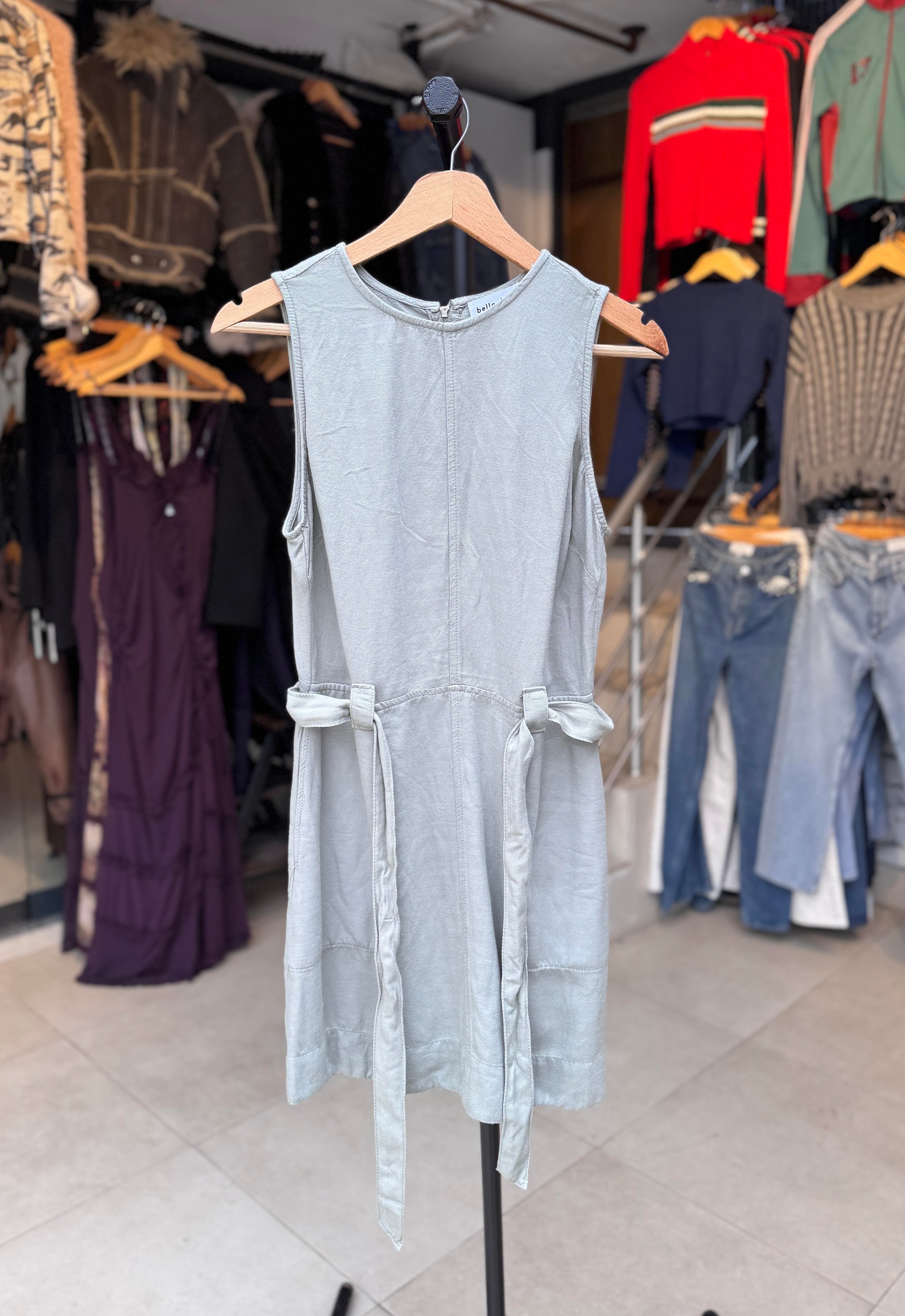 Sıfır Kol Bel Bağlamalı Keten Yeşil Elbise