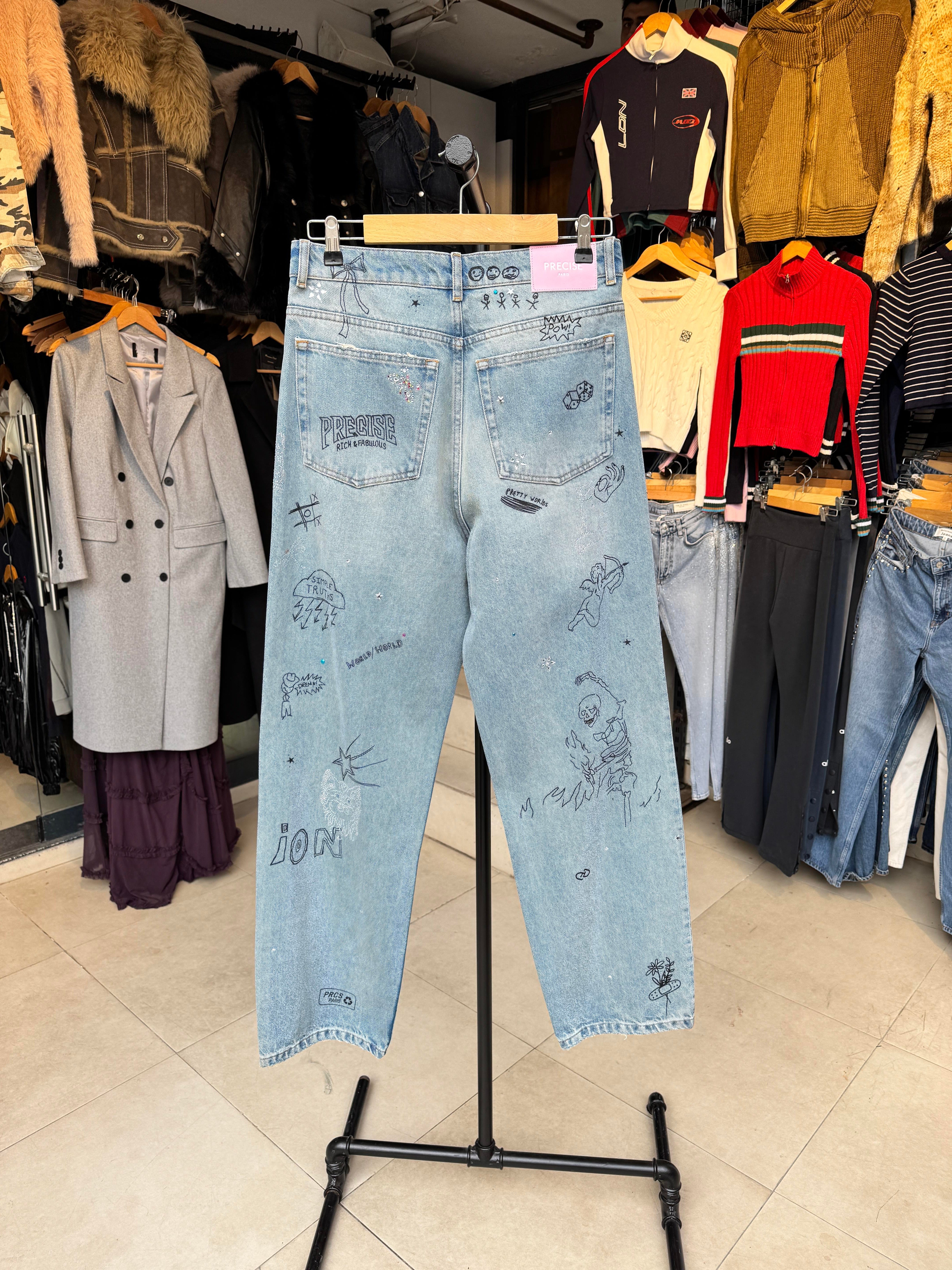 Taş İşlemeli Çizim Desenli Baggy Jean Pantolon