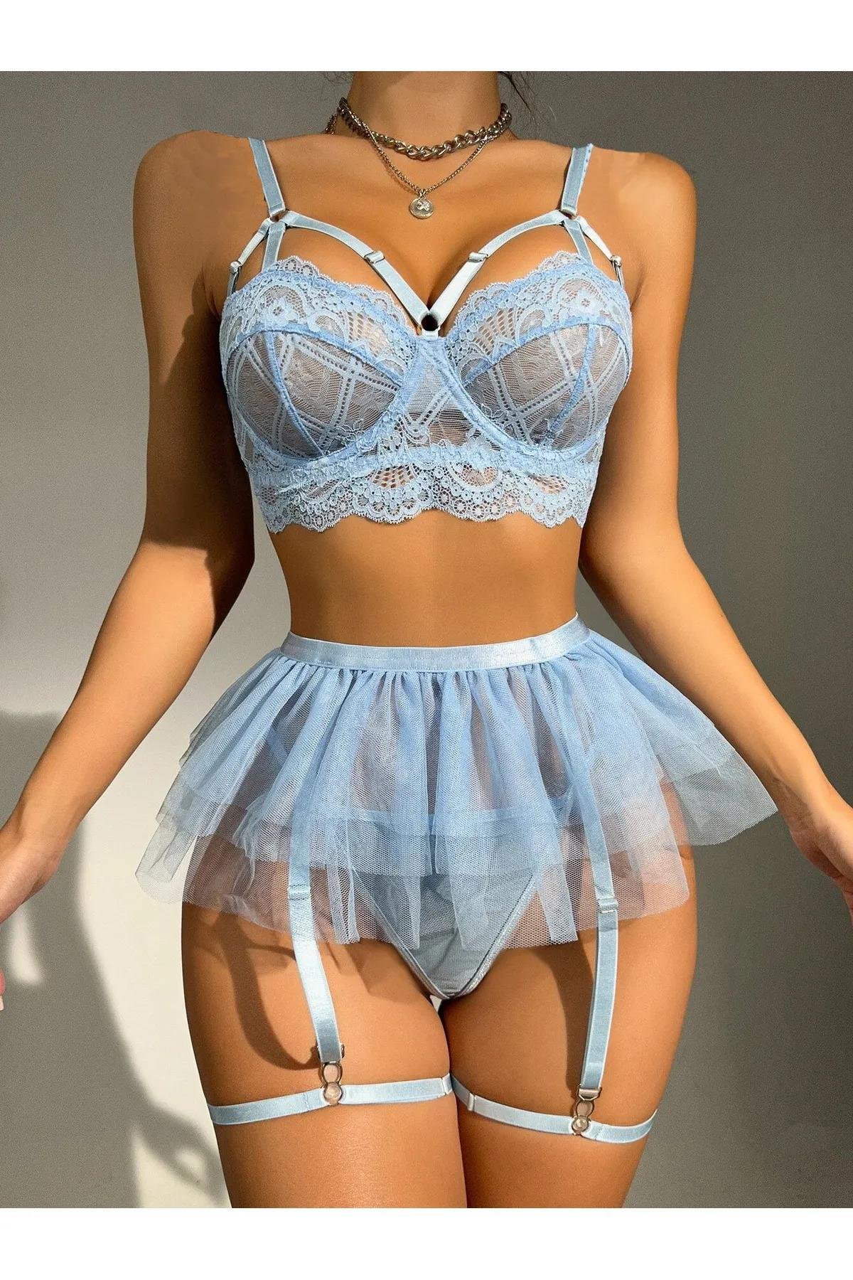 Bebe Mavi Bel Tüllü Kadın Seksi Fantazi Jartiyer Takım 2087