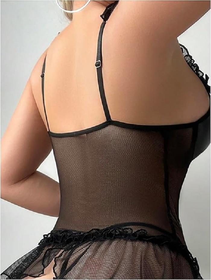 Kadın Çoraplı Lame Deri Fantezi Kostüm Elbise Seksi Gece Fantazi Kostüm 9002