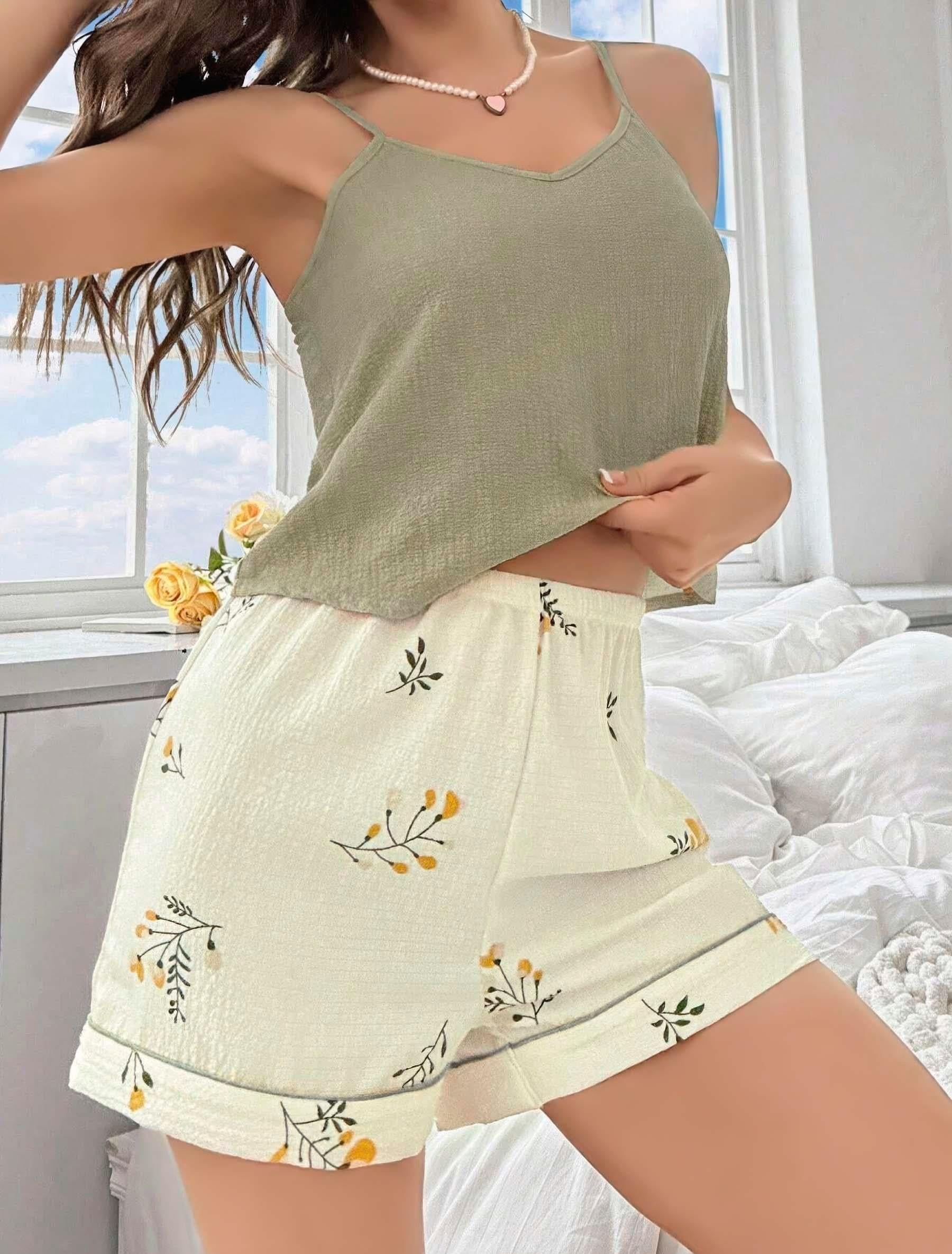 Kadın Ekru Çiçek Baskılı Şortlu Gecelik Pijama Takımı 5099