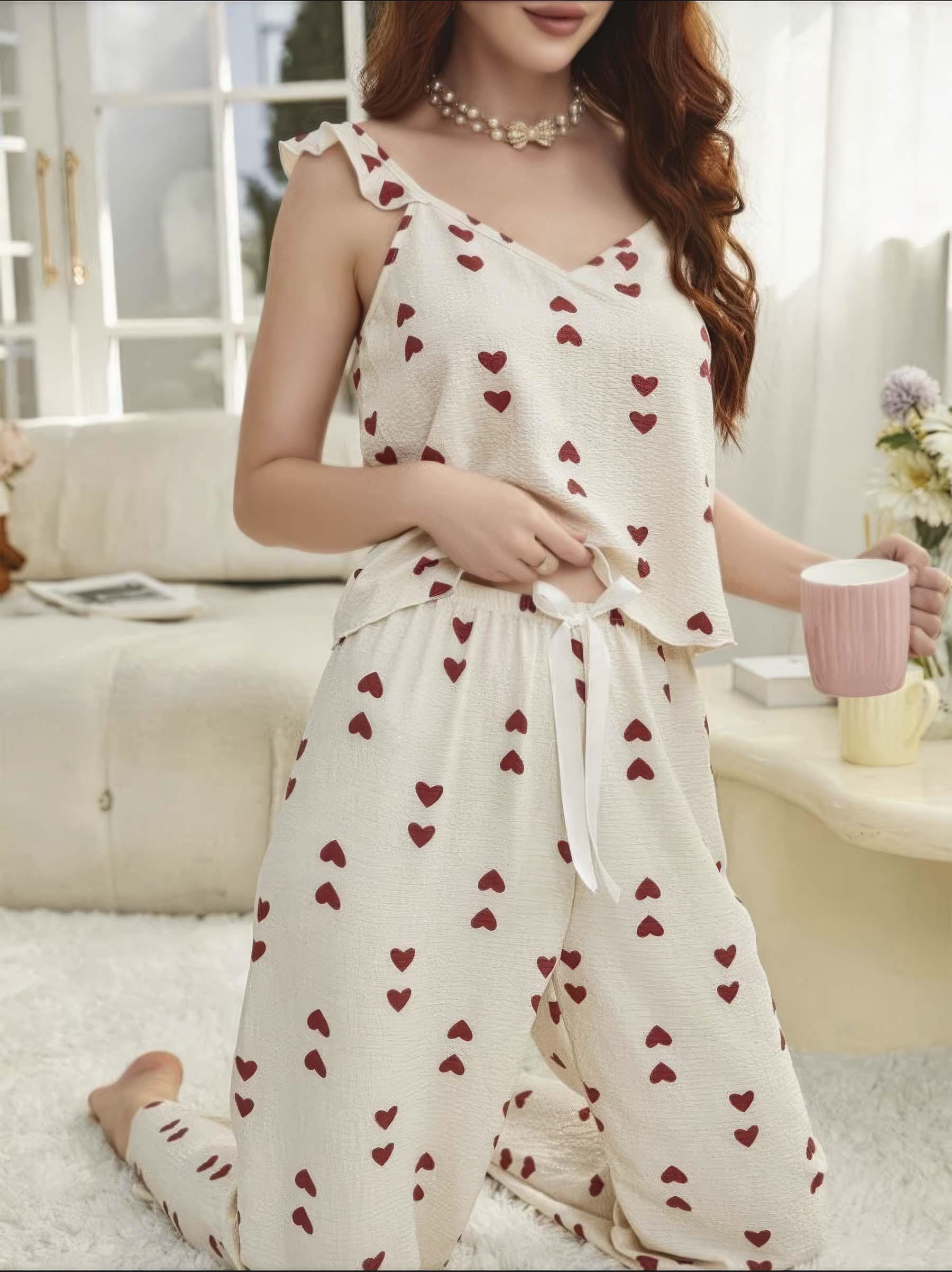 Kadın Ekru Kırmızı Kalp Desenli Yumuşak Pamuklu Uzun Pijama Takımı 5136