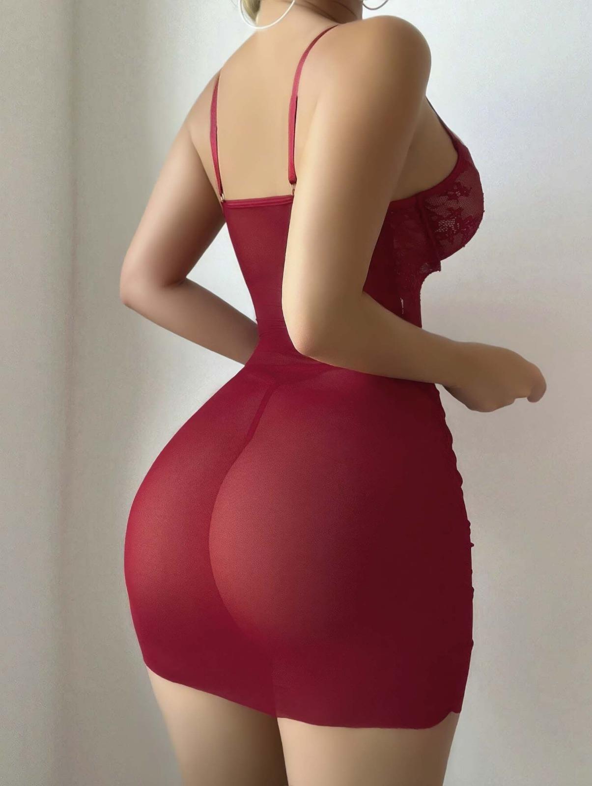 Kadın Kırmızı Fantazi Gecelik Tül Dantel Fiyonk Detaylı Askılı 2209