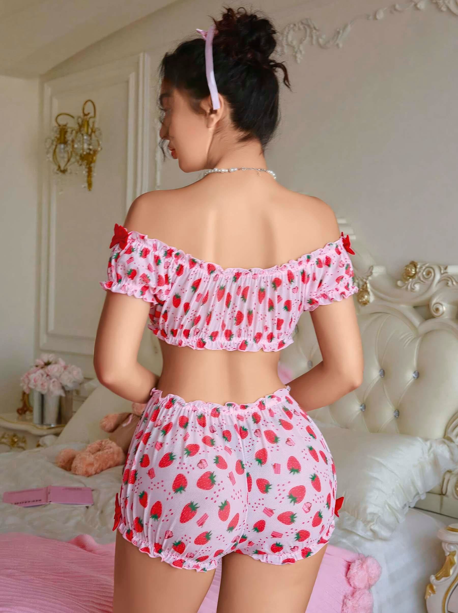 Kadın Pembe Çilek Desenli Sexy Kostüm 8014