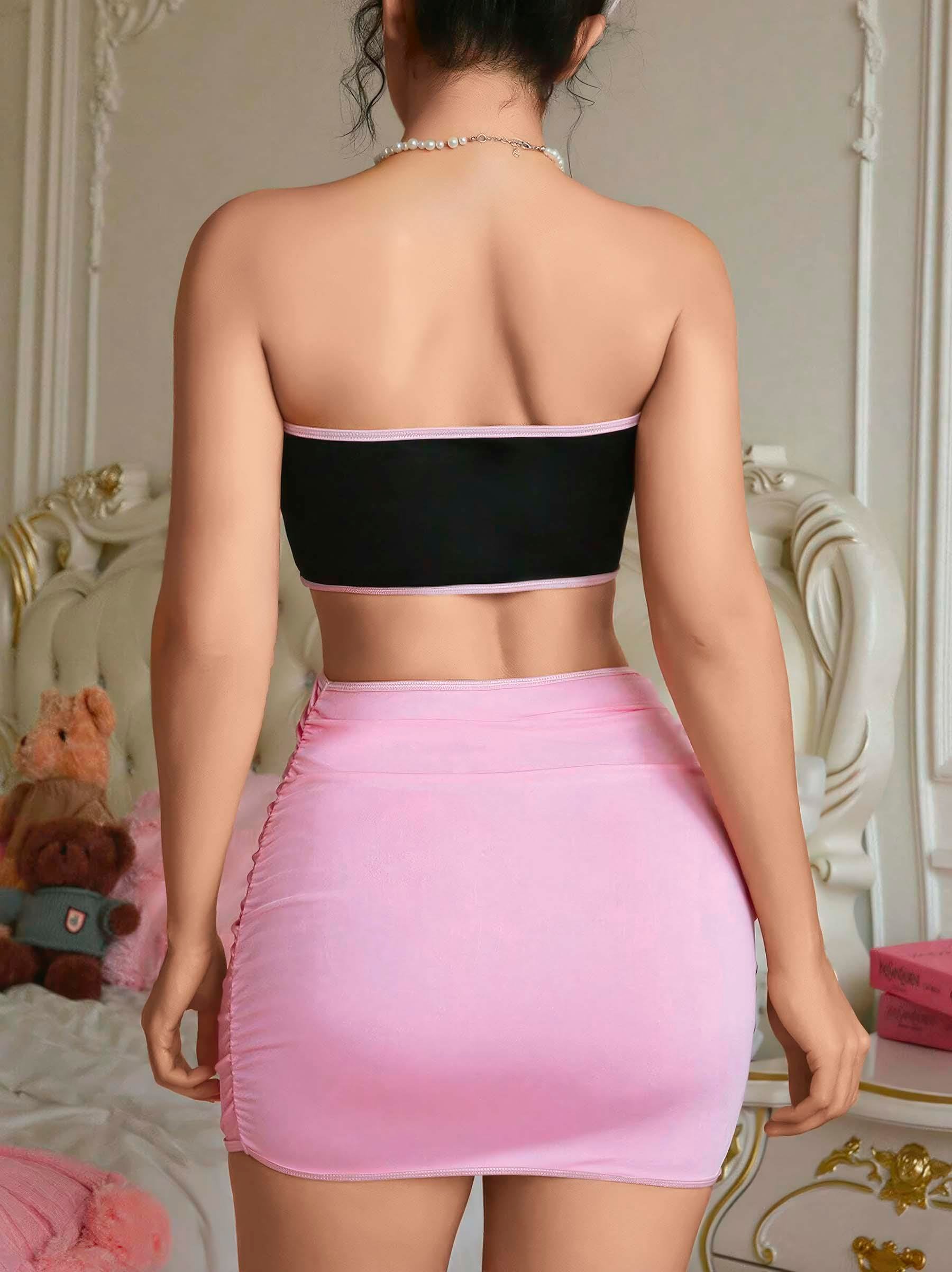 Kadın Pembe Etekli Fiyonk Detaylı Sexy Kostüm 8010