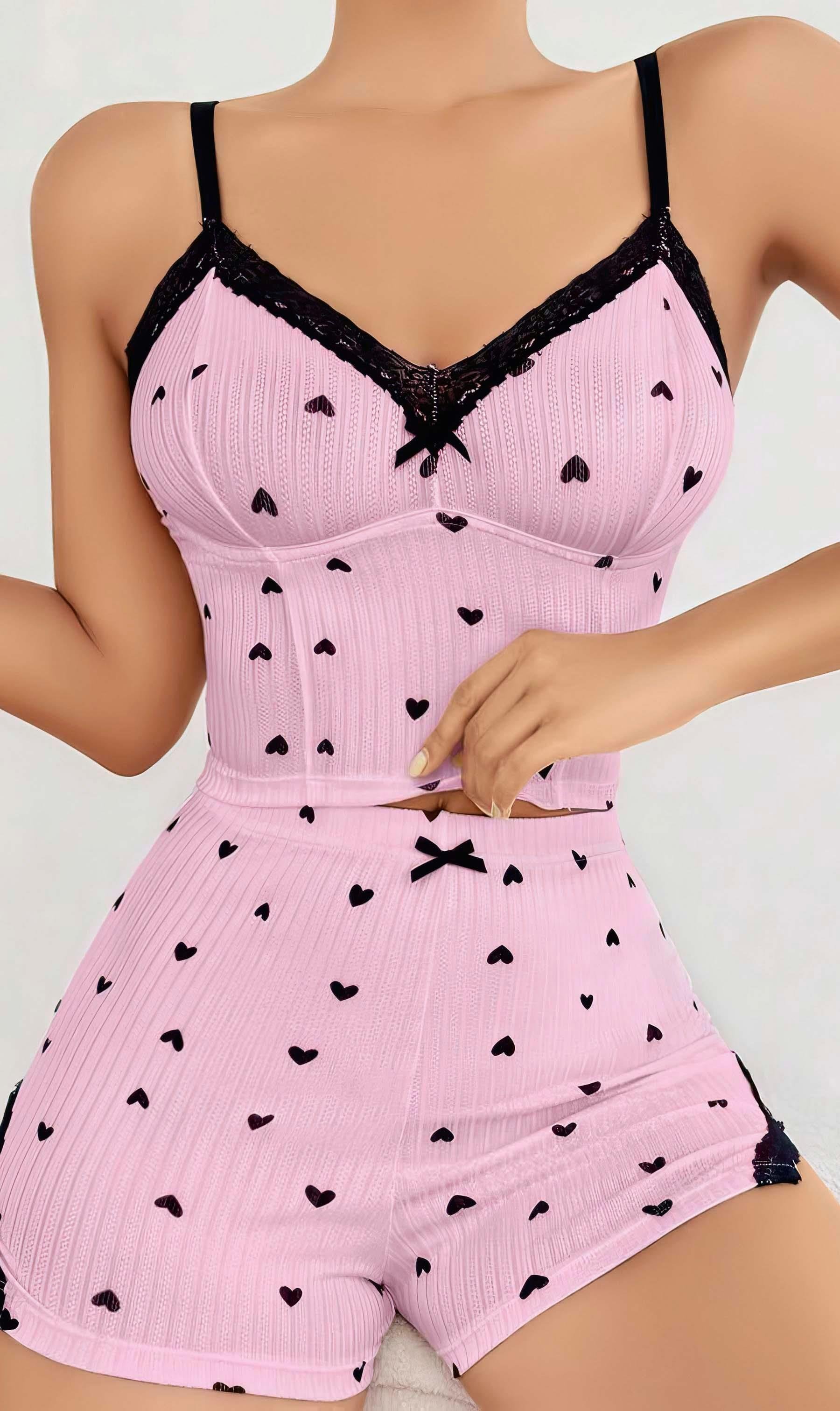Kadın Pembe Kalp Desenli Askılı Şortlu Pijama Takım 6647
