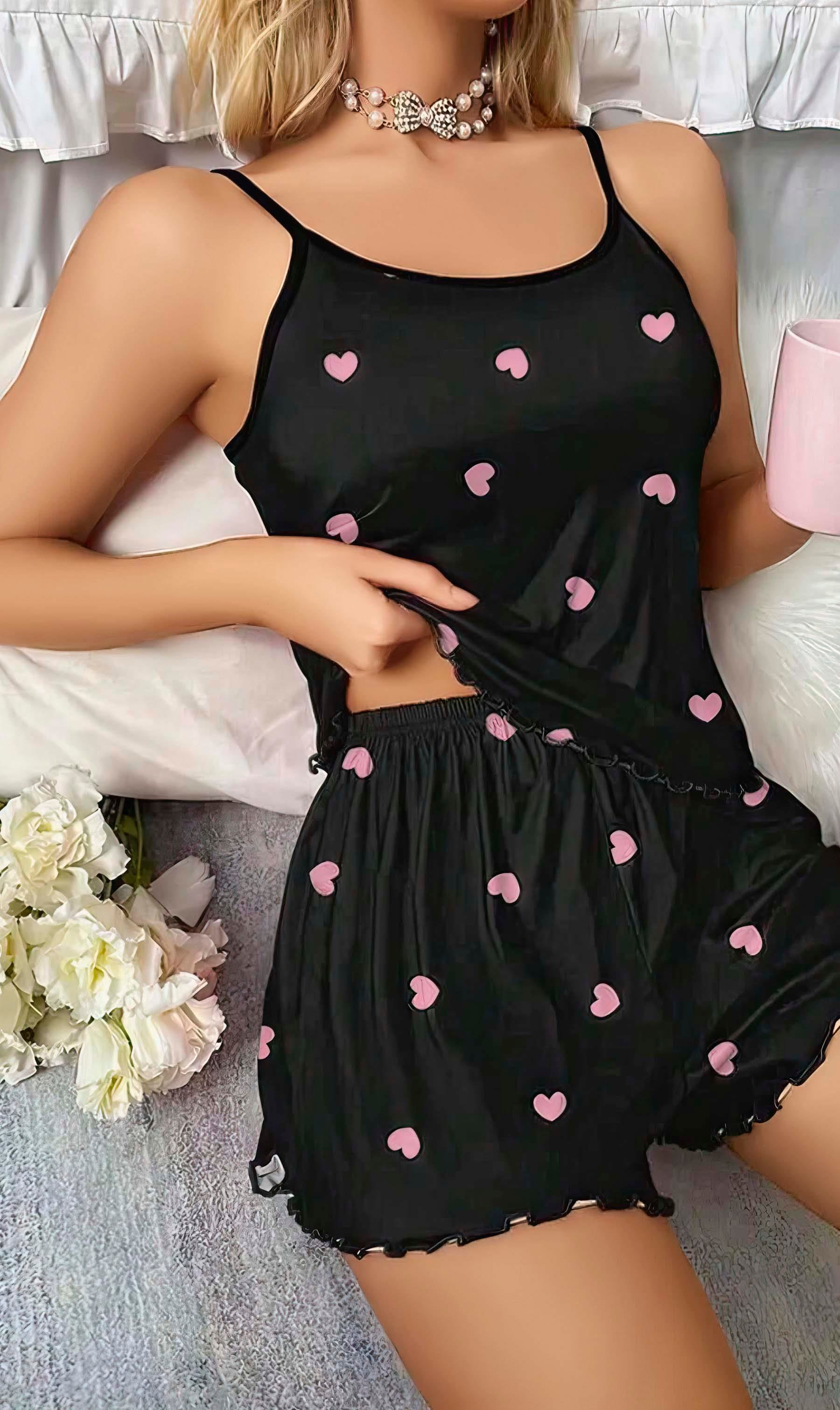 Kadın Siyah Kalp Desenli Seksi Gecelik Takım 6660