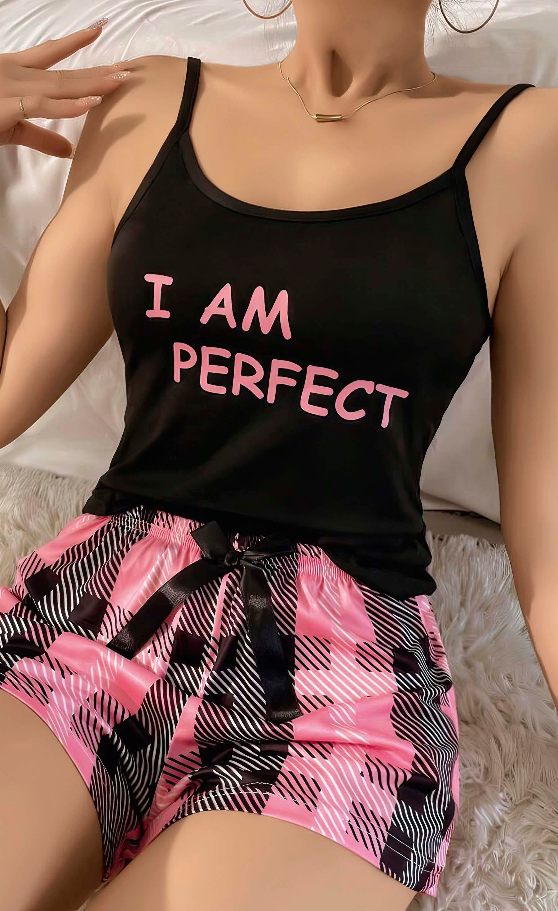 Kadın Siyah Kare Desenli Askılı Şortlu Pijama Takım 6652