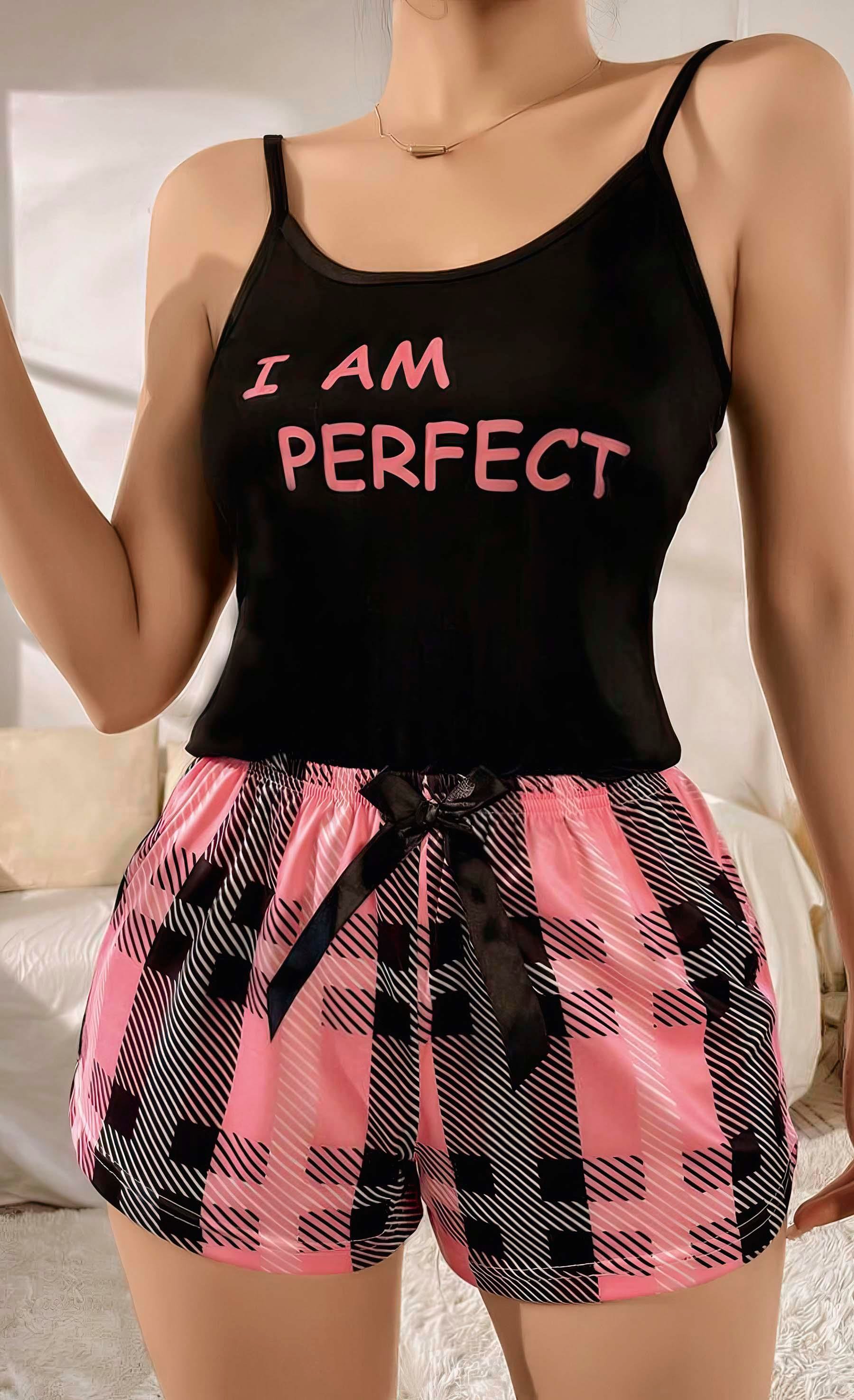 Kadın Siyah Kare Desenli Askılı Şortlu Pijama Takım 6652