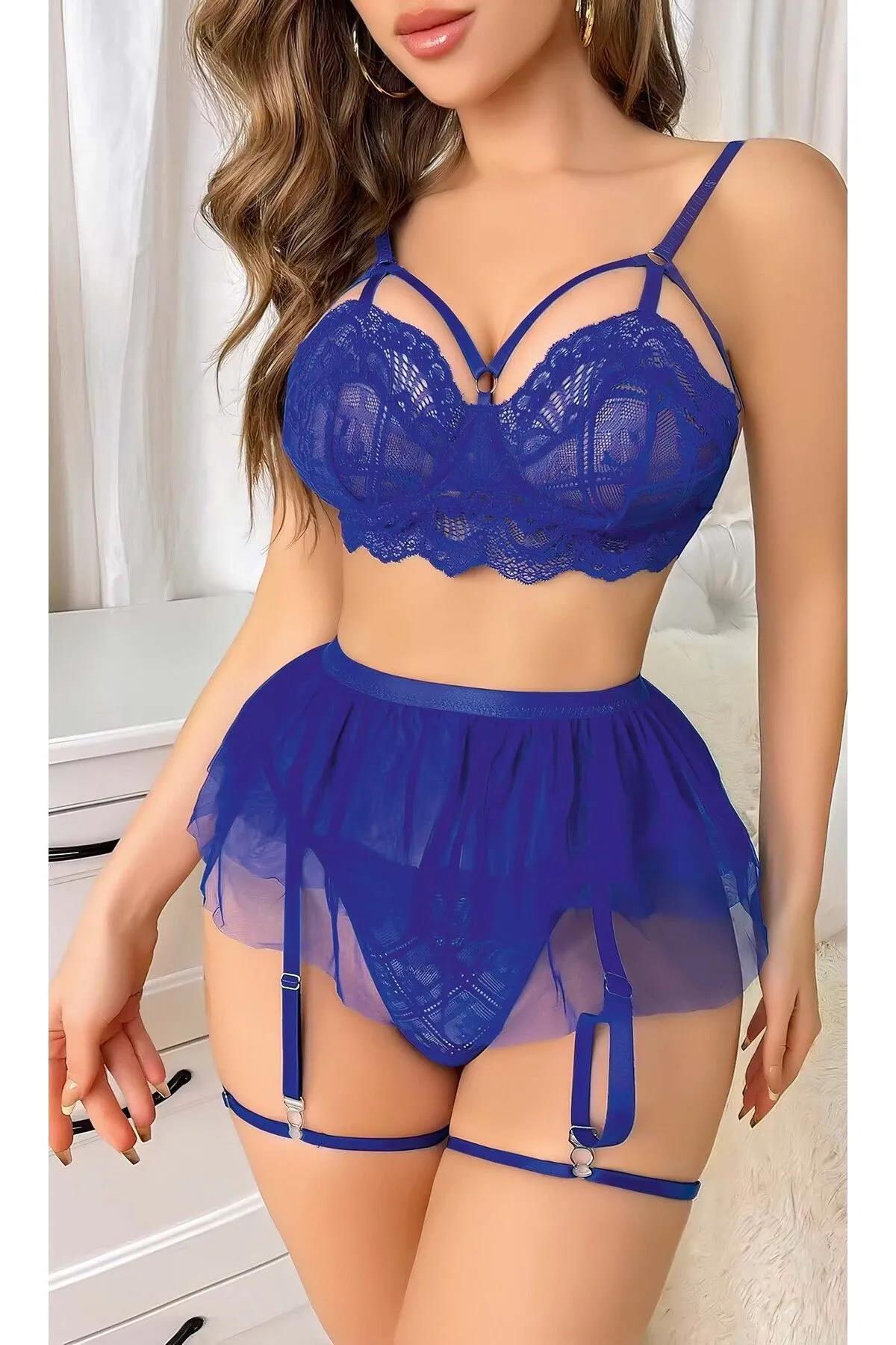 Mavi Bel Tüllü Kadın Seksi Fantazi Jartiyer Takım 2092