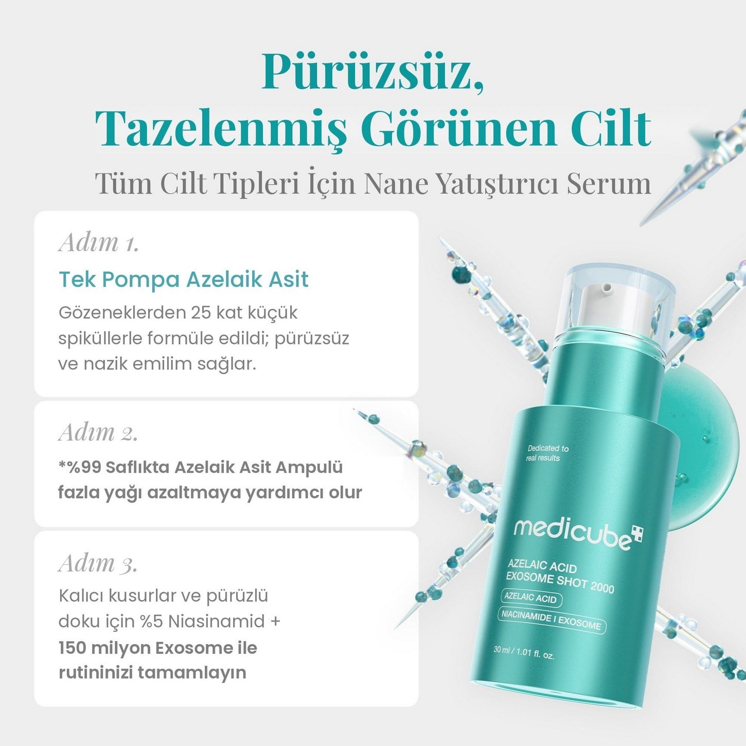 Medicube Azelaic Acid Exosome Shot 7500 – Azelaik Asit ve Eksozom İçeren Yoğun Gözenek ve Akne Karşıtı Ampul 30ml