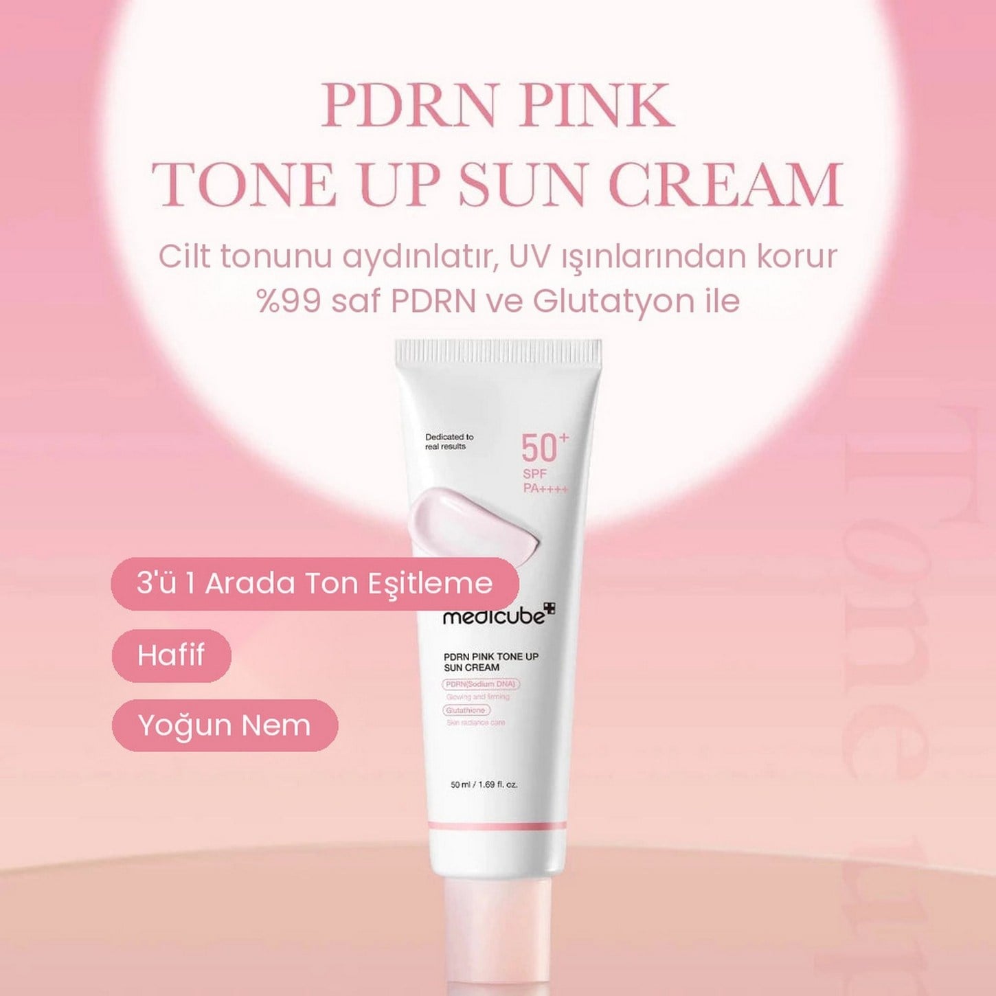 Medicube PDRN Pink Tone Up Sun Cream SPF 50+ PA++++ – Aydınlatıcı Ton Eşitleyici Güneş Kremi 50ml