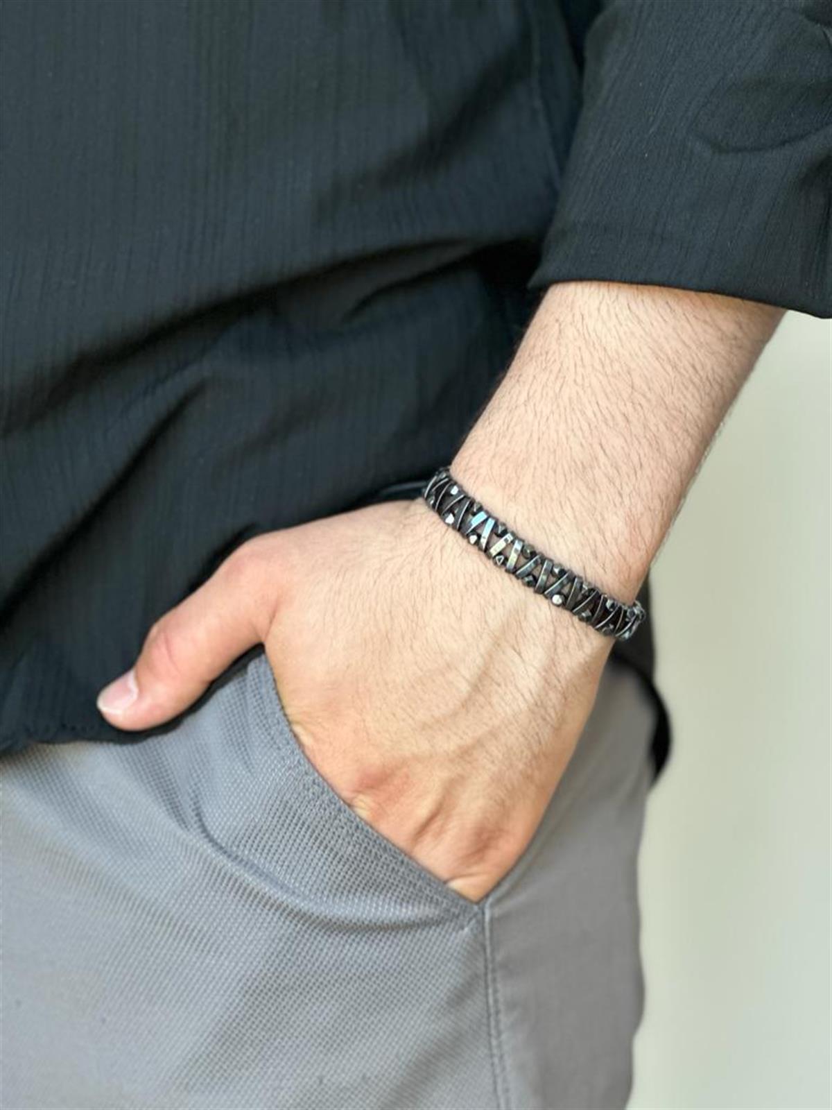 Özel Tasarım Hematit Taşlı Ayarlanabilir Unisex Bileklik 