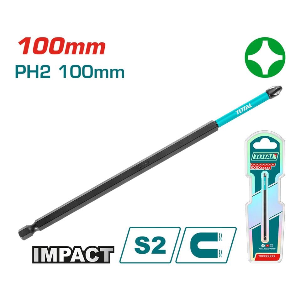 TOTAL Darbeli 100mm PH2 Bits Ucu Kartelalı - TACIM71PH2100