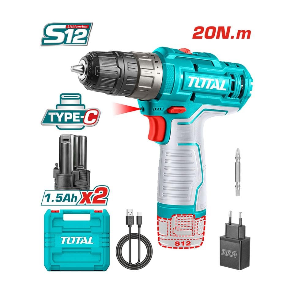 TOTAL Li-Ion Akülü Darbesiz Matkap Type-C - TDLI122028