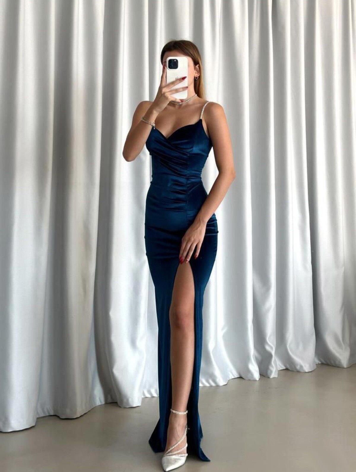 Blue Velvet Long Slit Evening Gown Dress | Elegant & Stylish for Special Occasions Old Navy