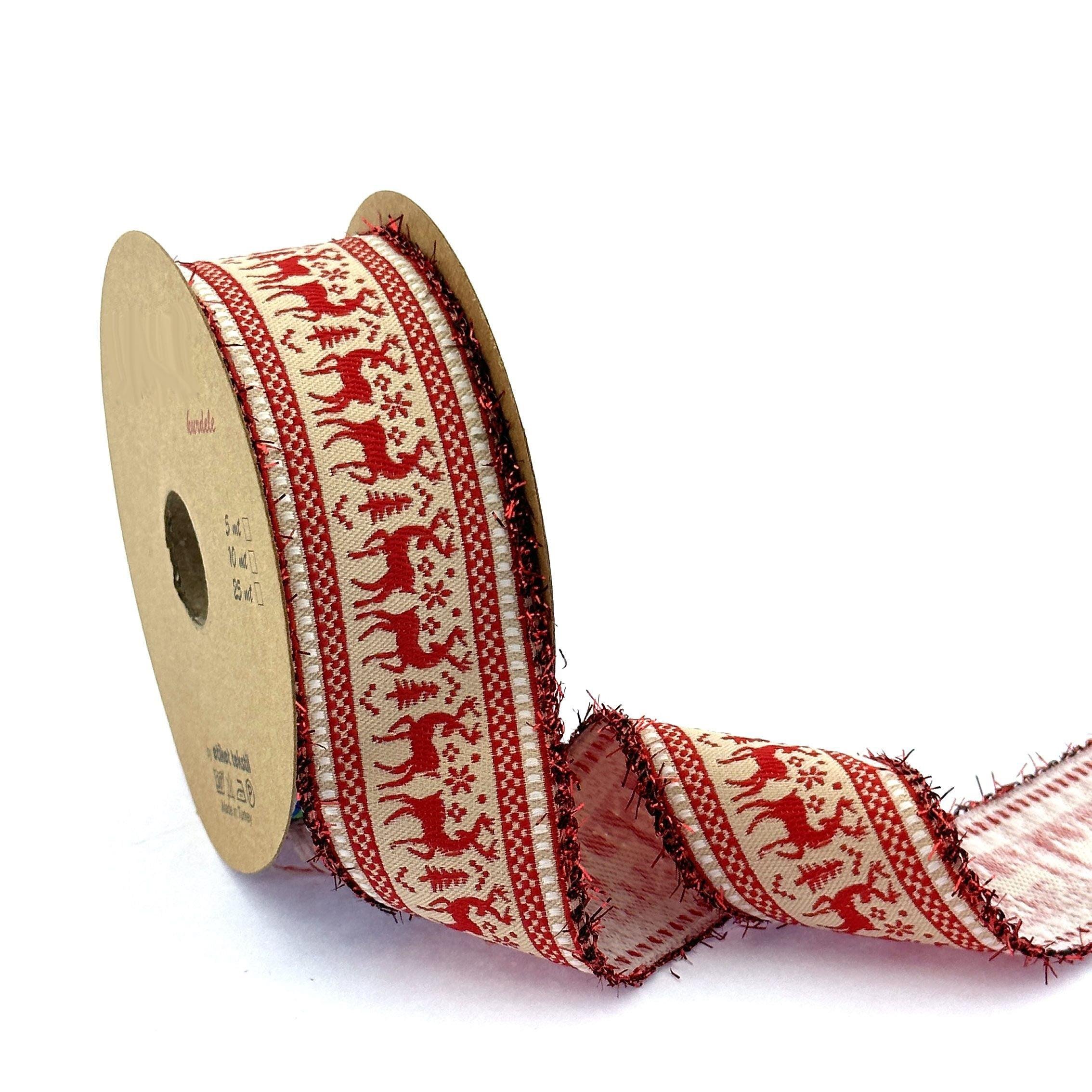New Year's Christmas Holiday Celebrity Fabric Woven Decoration Gingham Deer Ribbon 10.9yard
