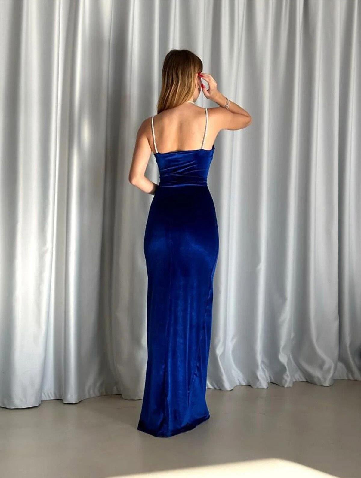 Sax Blue Velvet Long Slit Evening Gown Dress | Elegant & Stylish for Special Occasions Old Navy