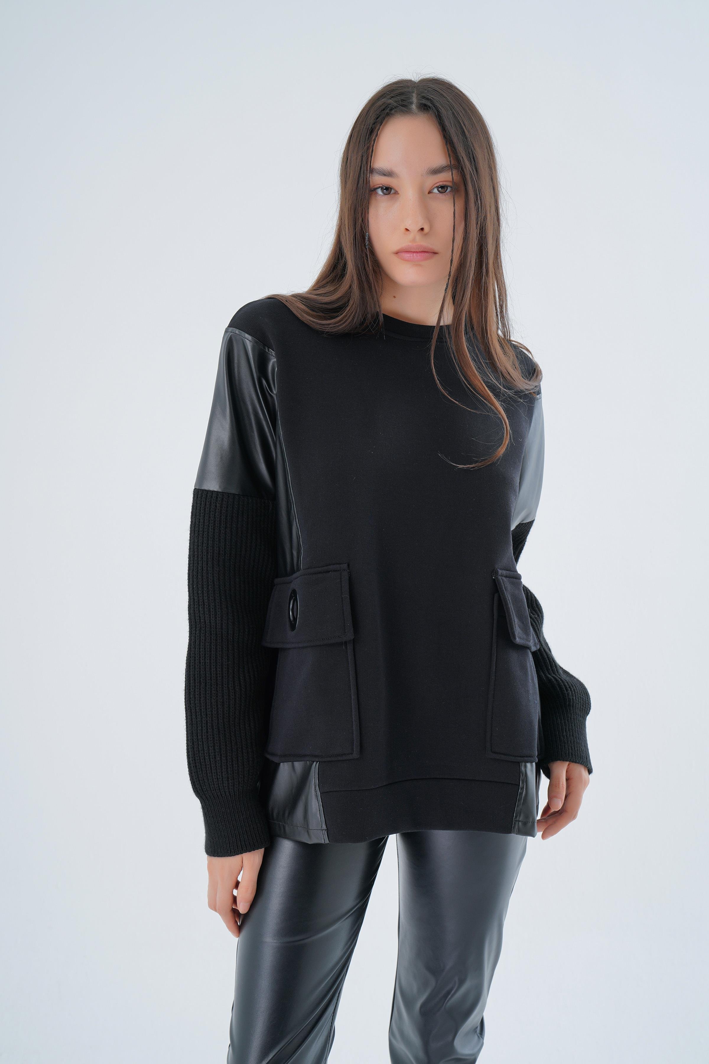 TRİKO KOL DERİ DETAY SWEAT