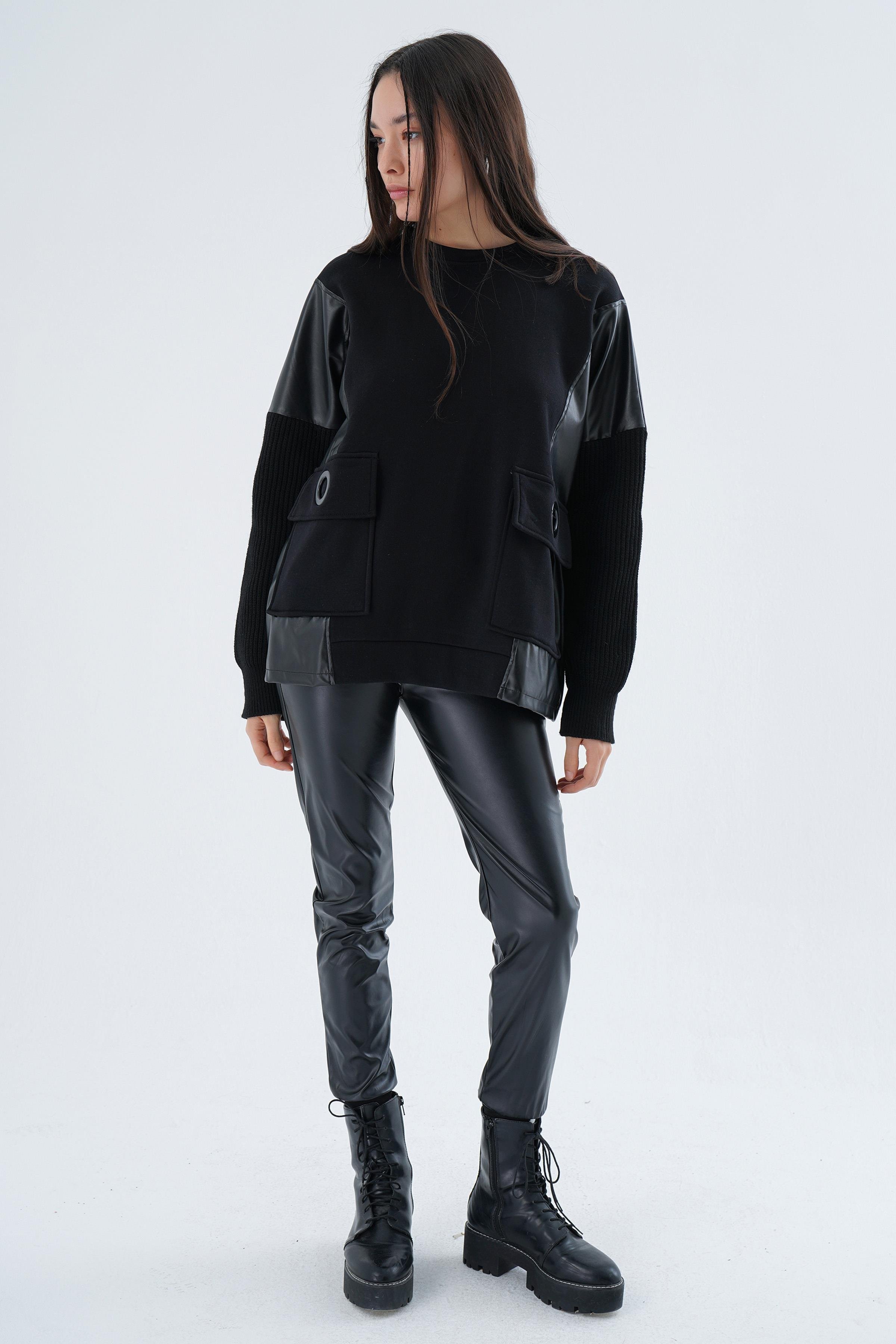 TRİKO KOL DERİ DETAY SWEAT