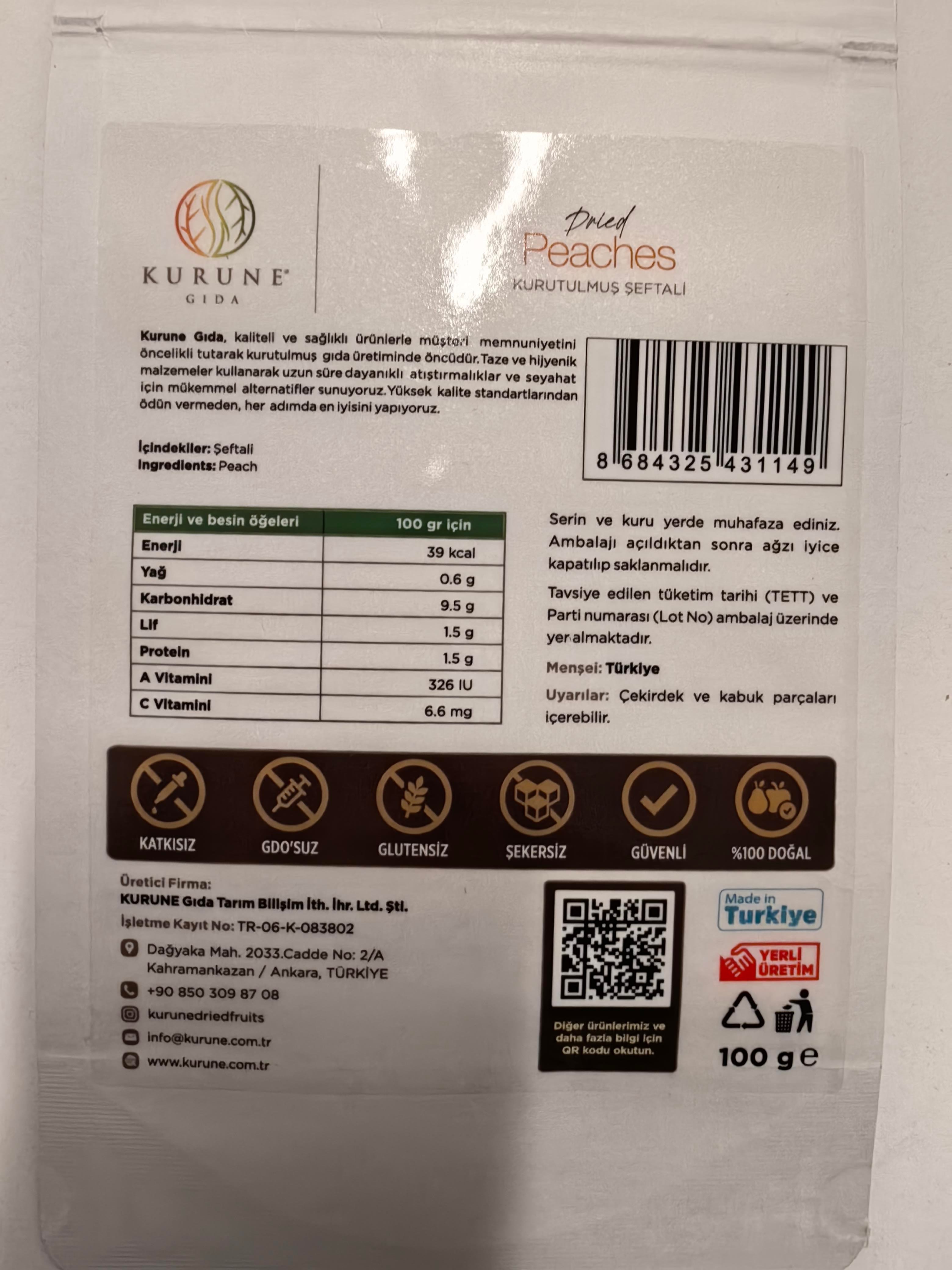 Kurutulmuş Şeftali 100gr Paket