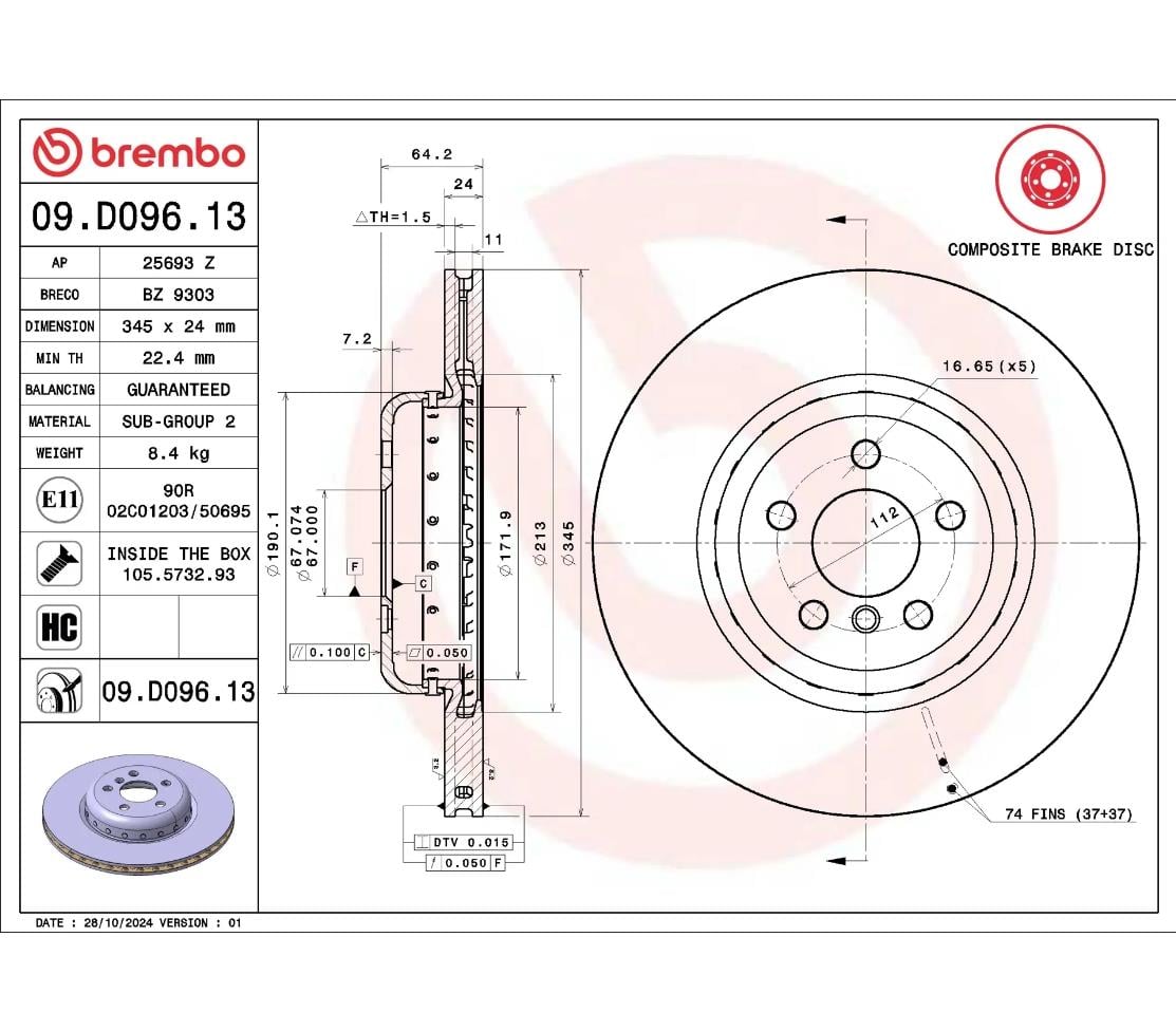 Brembo 09.D096.13 Arka Fren Diski – Mercedes C Serisi / E Serisi – 300mm OEM Tip Havalandırmalı Arka Disk