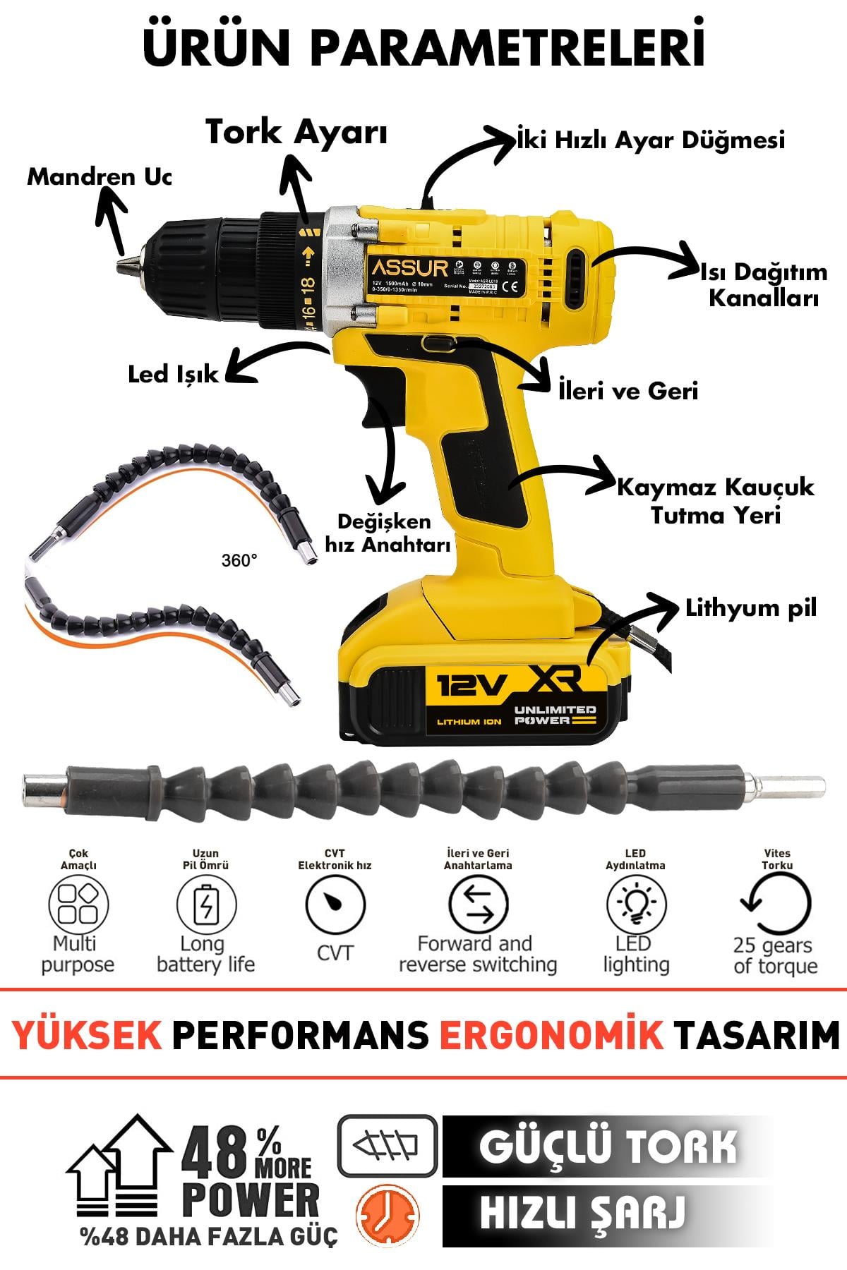 Assur 12V Çelik Şanzıman Bakır Sargılı Şarjlı Matkap Çift Akülü Vidalama