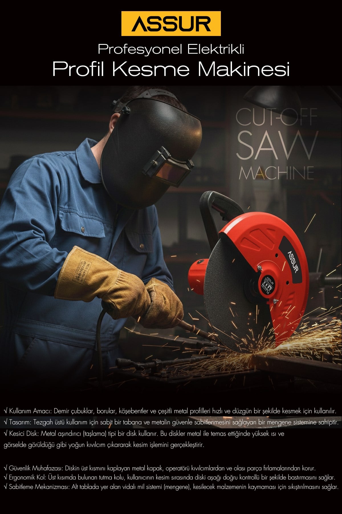 Assur 2000W Bakır Sargılı Metal Şanzıman 355 Mm Profil Metal Kesme Makinesi KIRMIZI