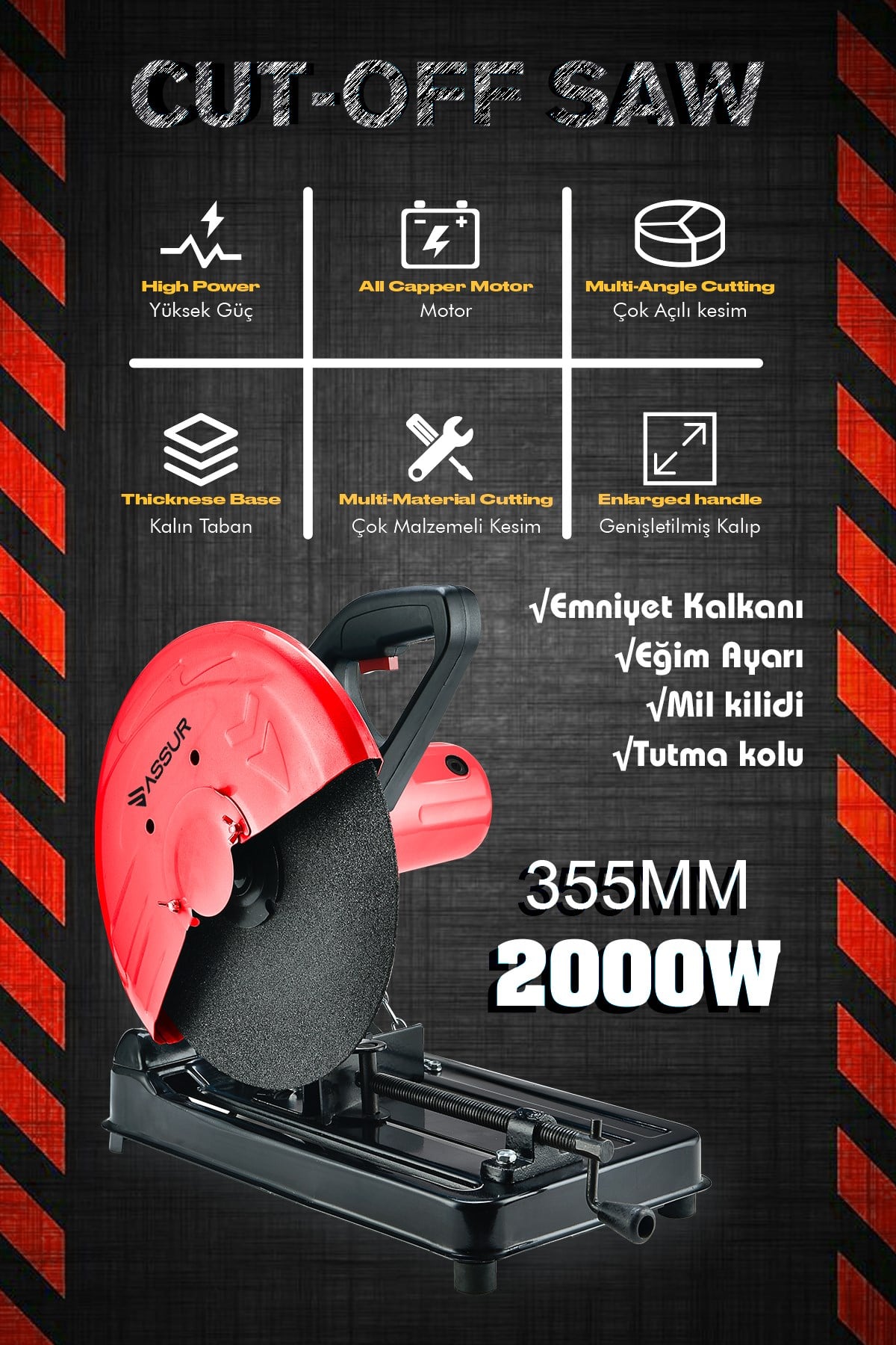 Assur 2000W Bakır Sargılı Metal Şanzıman 355 Mm Profil Metal Kesme Makinesi KIRMIZI