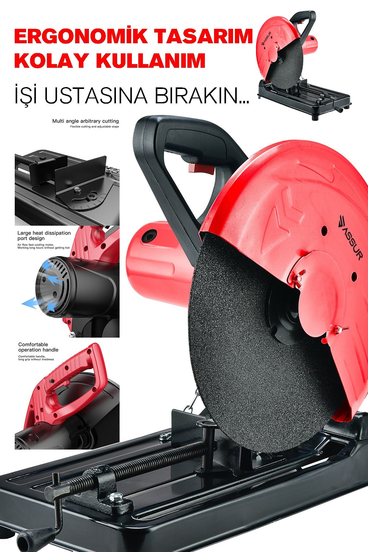 Assur 2000W Bakır Sargılı Metal Şanzıman 355 Mm Profil Metal Kesme Makinesi KIRMIZI