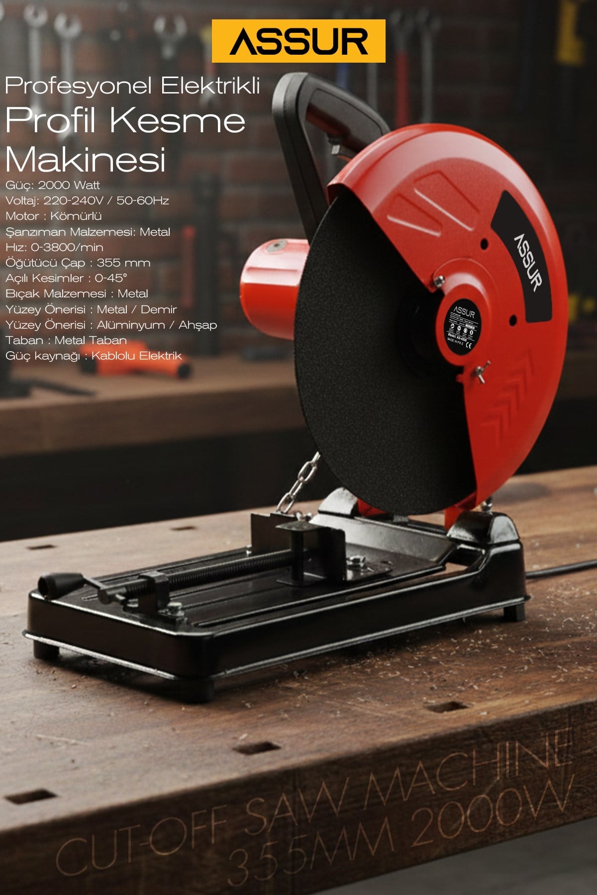 Assur 2000W Bakır Sargılı Metal Şanzıman 355 Mm Profil Metal Kesme Makinesi KIRMIZI