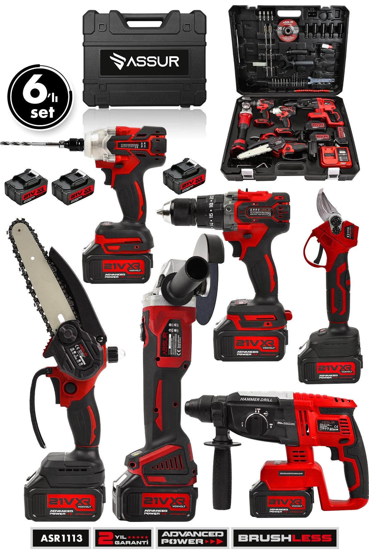 Assur 21V 2.0Ah Kömürsüz Darbeli 6'lı Set Matkap+Hilti+Taşlama+Somun Sıkma+Makas+Testere