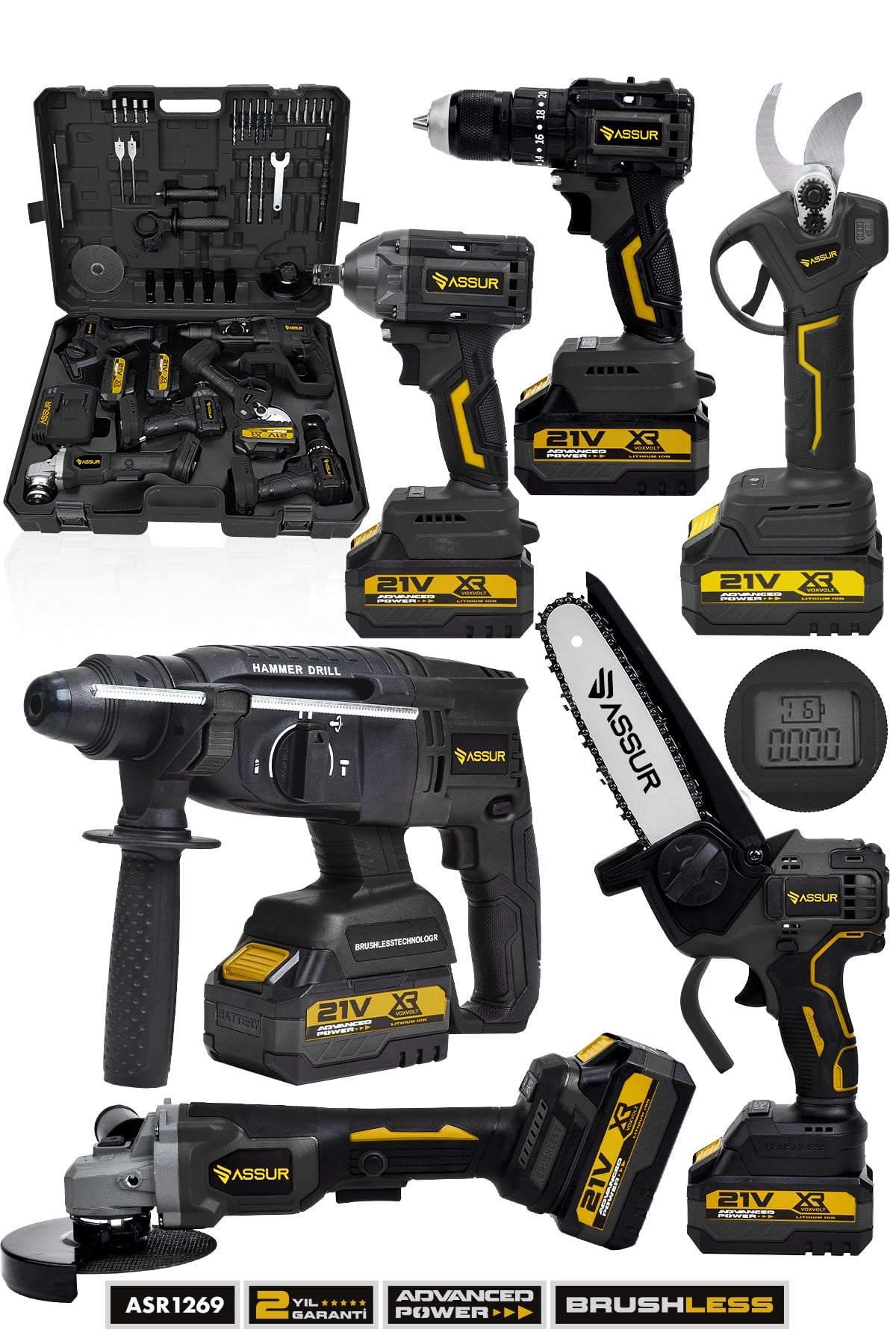 ASSUR 21V 6'lı Set Kırıcı/Delici Hilti, Taşlama, Somun Sıkma, Matkap, Budama Testeresi ve Makası