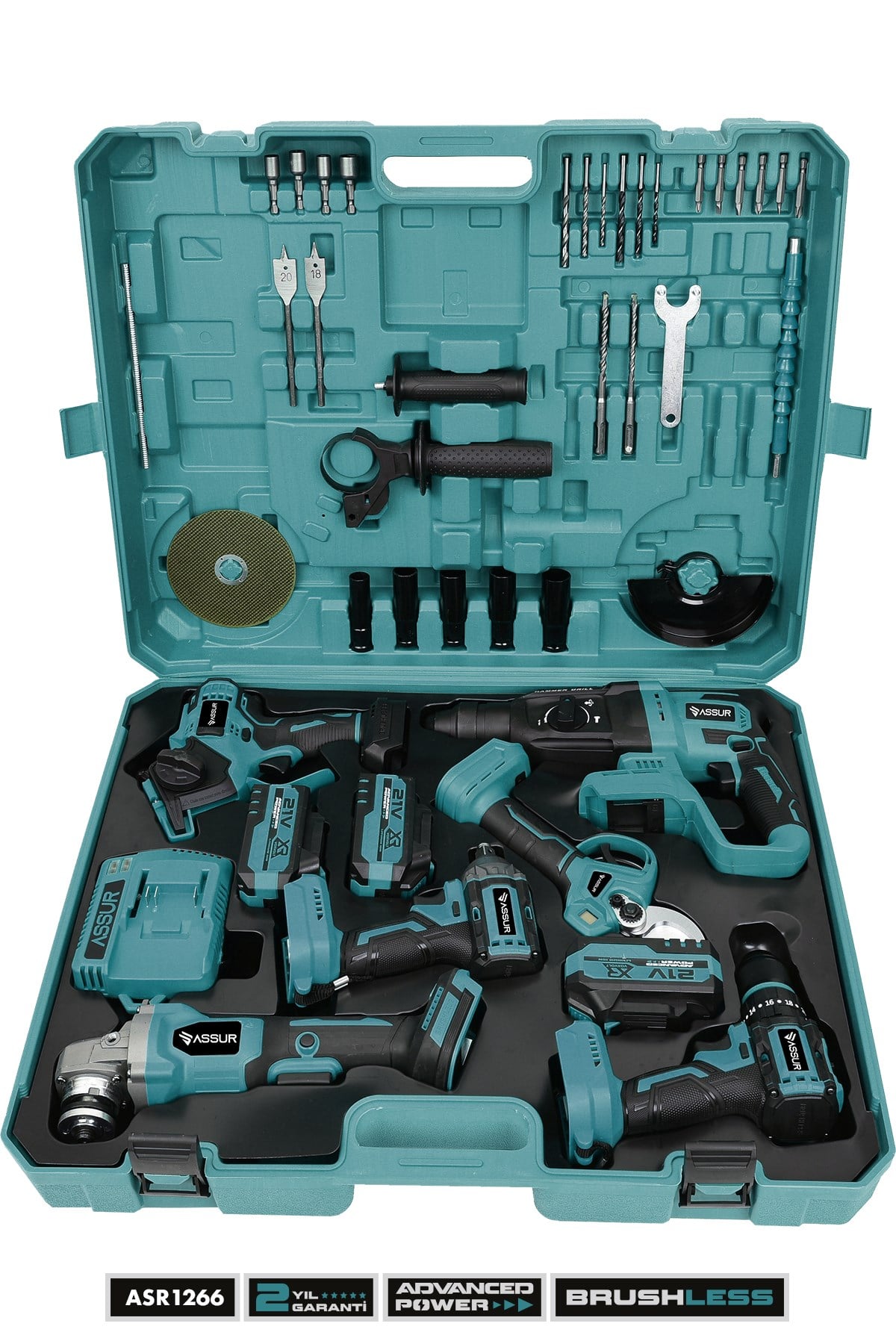ASSUR 21V 6'lı Set Kırıcı/Delici Hilti, Taşlama, Somun Sıkma, Budama Makası ve Testeresi, Matkap