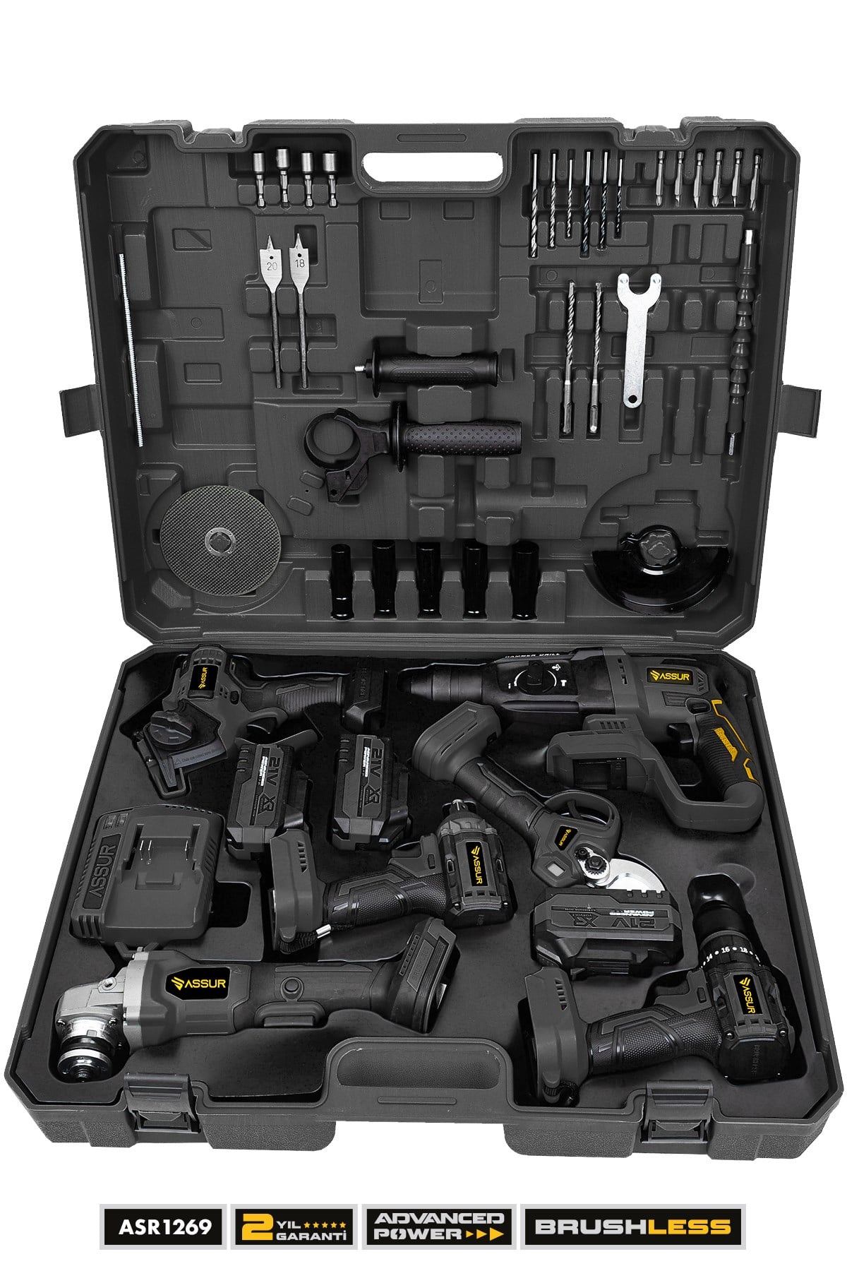 ASSUR 21V 6'lı Set Kırıcı/Delici Hilti, Taşlama, Somun Sıkma, Matkap, Budama Testeresi ve Makası