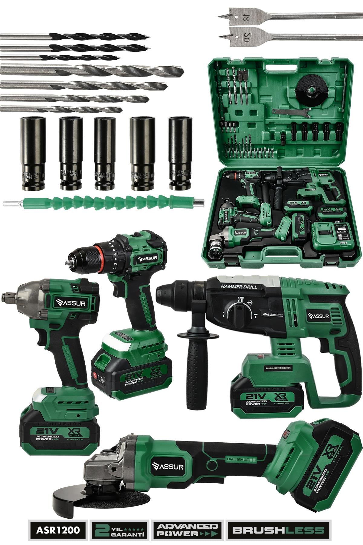Assur 21V Darbeli Kömürsüz 4'lü Set Kırıcı Delici Hilti-Taşlama-Somun Sıkma Sökme-Matkap Vidalama Yeşil