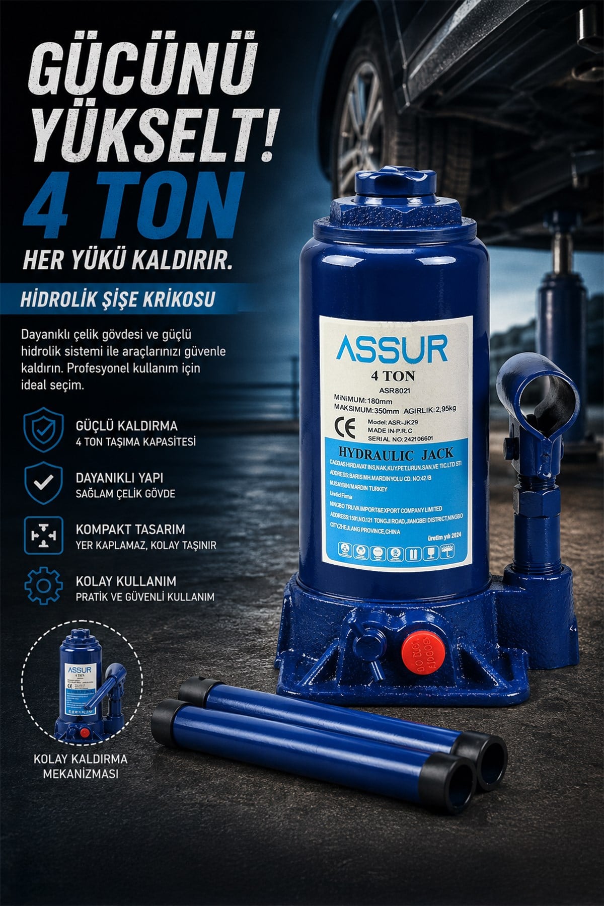 Assur 4 Ton Oto Kriko Araç Kaldırma Krikosu Şişe Kriko Hidrolik Kaldırma
