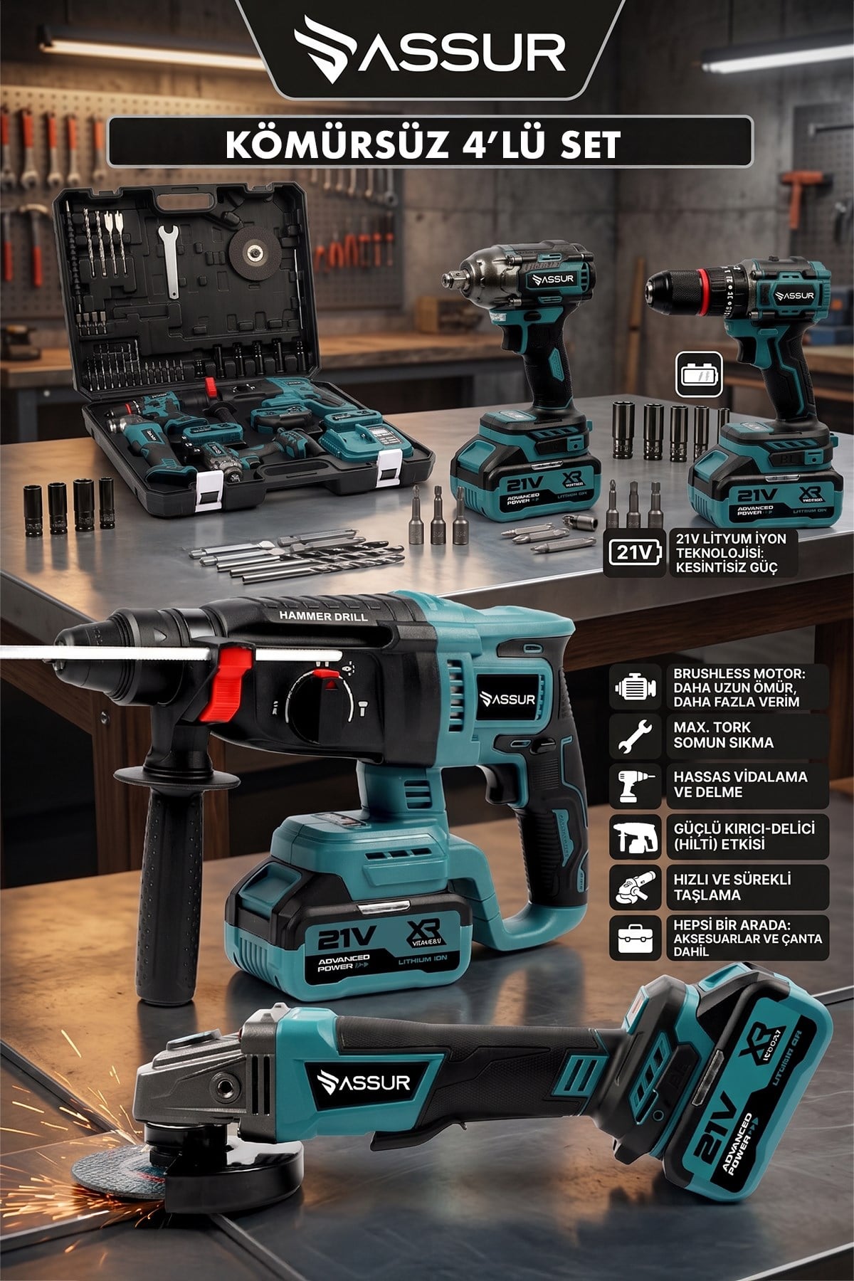 Assur Plus 21V Darbeli Kömürsüz Kırıcı Delici Hilti & Taşlama & Matkap & Somun Sıkma Sökme 4'lü Set