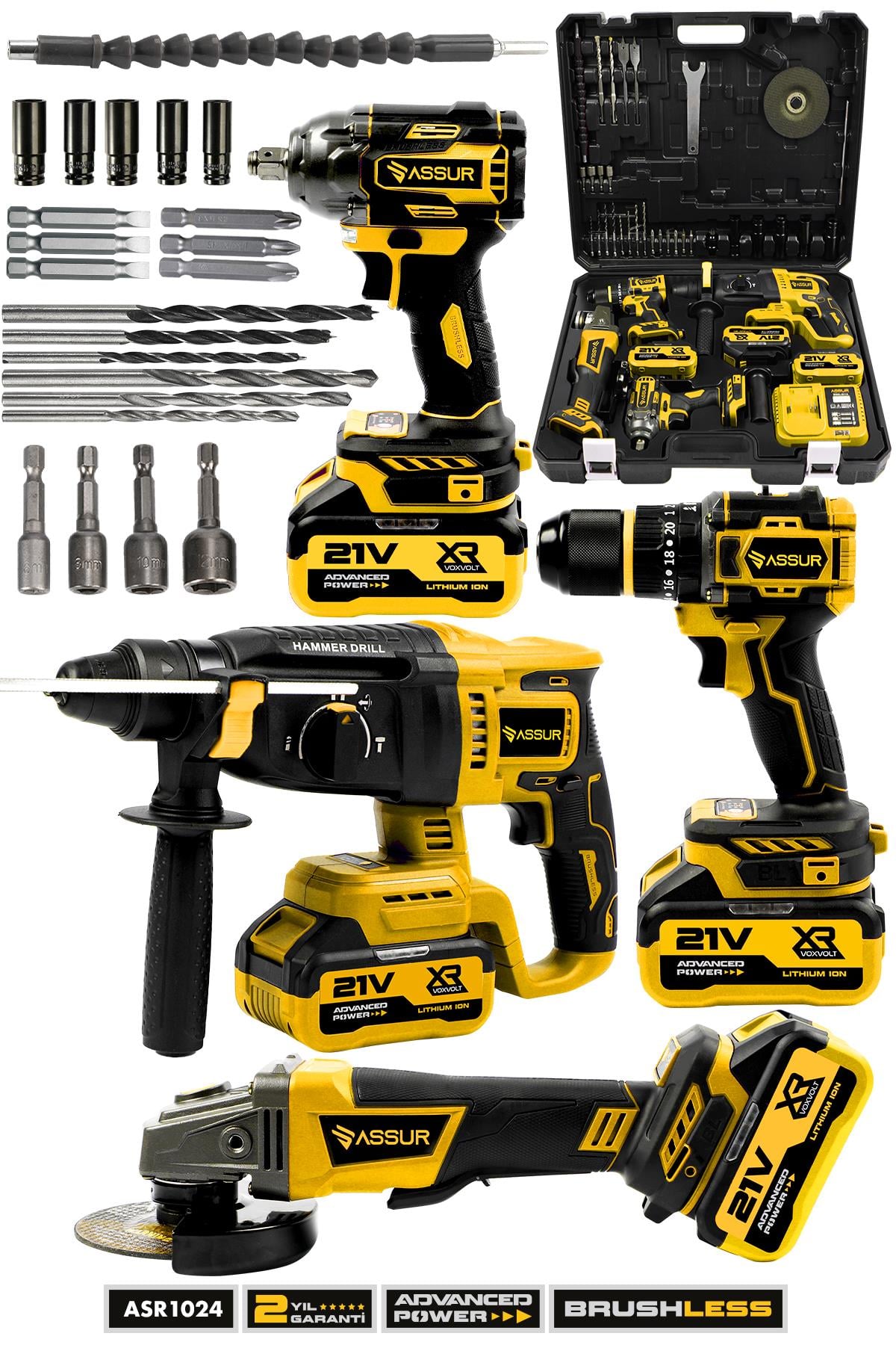 Assur Profesyonel 21V Akülü Kırıcı Delici Hilti & Taşlama & Matkap & Somun Sıkma Sökme 4'lü Set