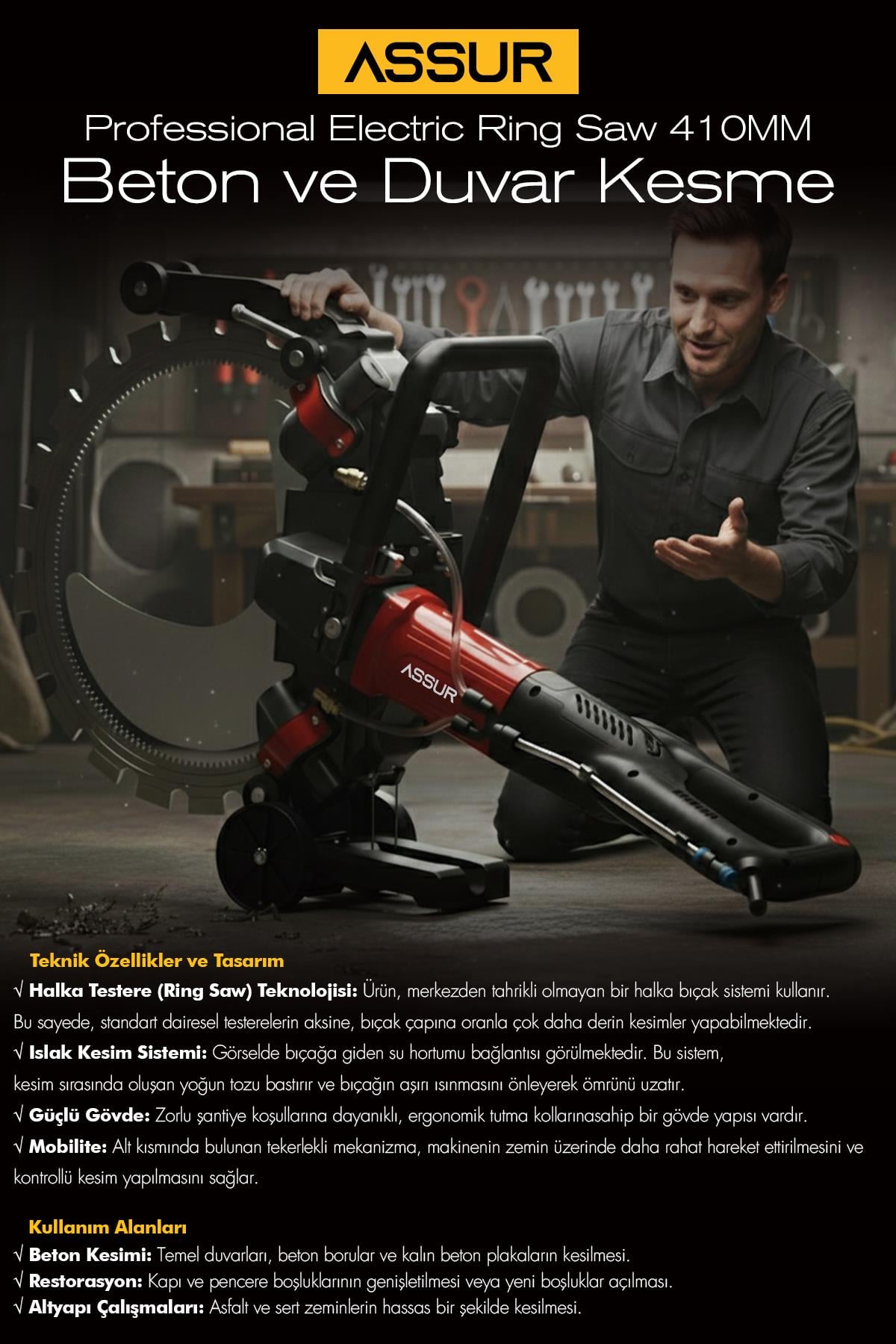 ASSUR Profesyonel 9500W 410 mm Duvar Kesme Makinesi