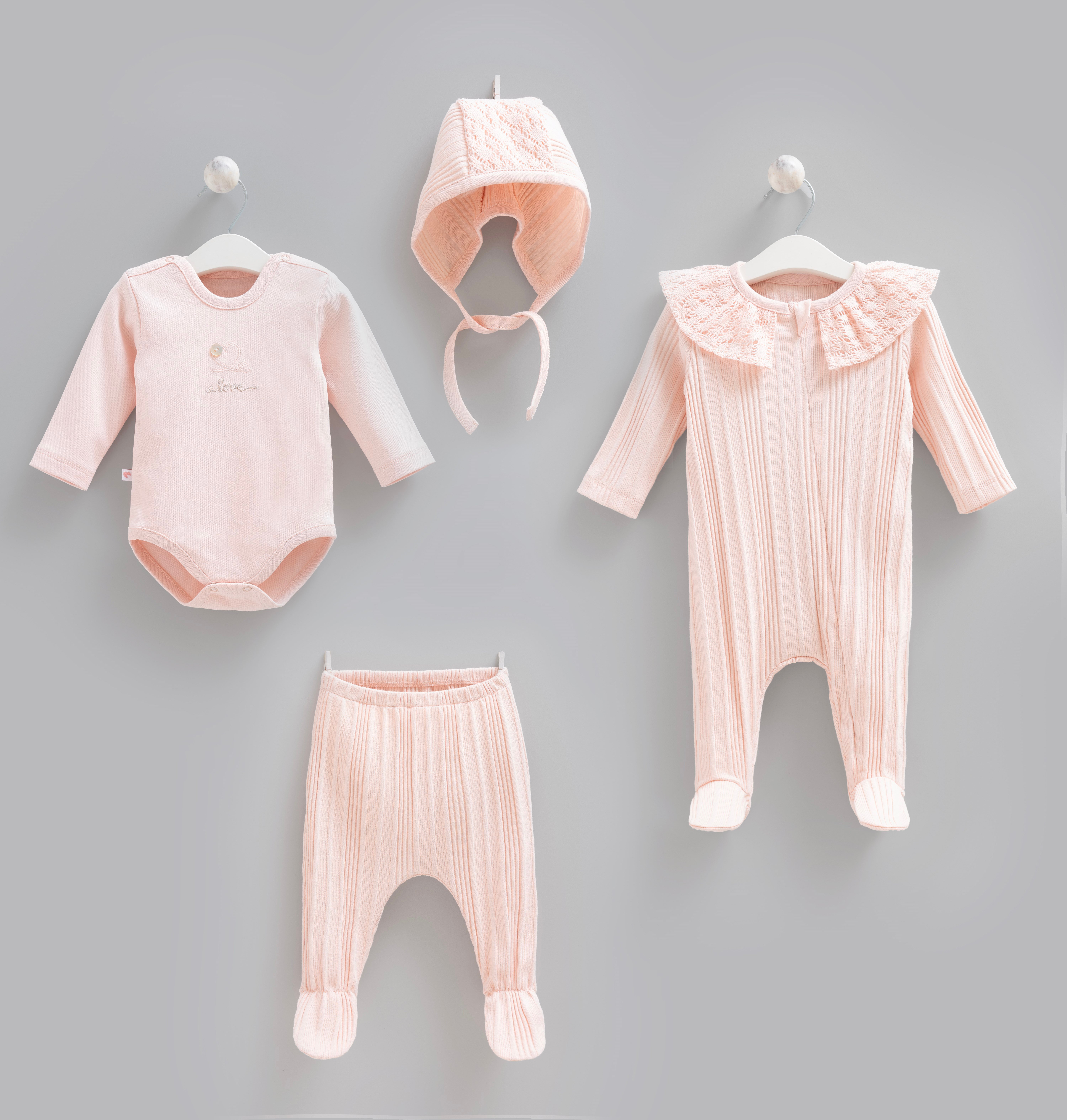 Hastane Çıkışı SetleriCaramell %100 Pamuk 4lü Tulumlu Beti Set Pembe