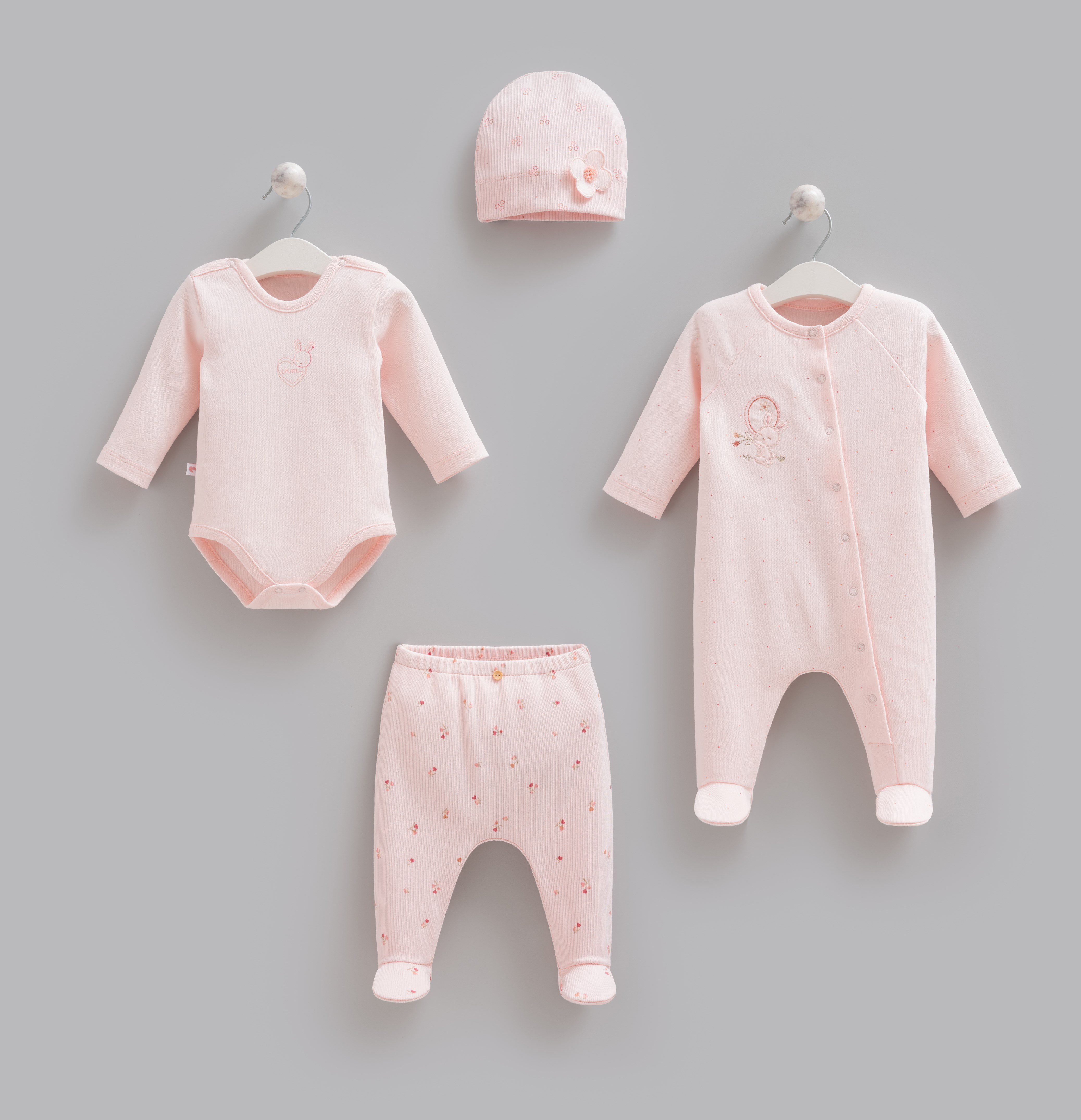 Hastane Çıkışı SetleriCaramell %100 Pamuk 4lü Tulumlu Rose Set Pembe