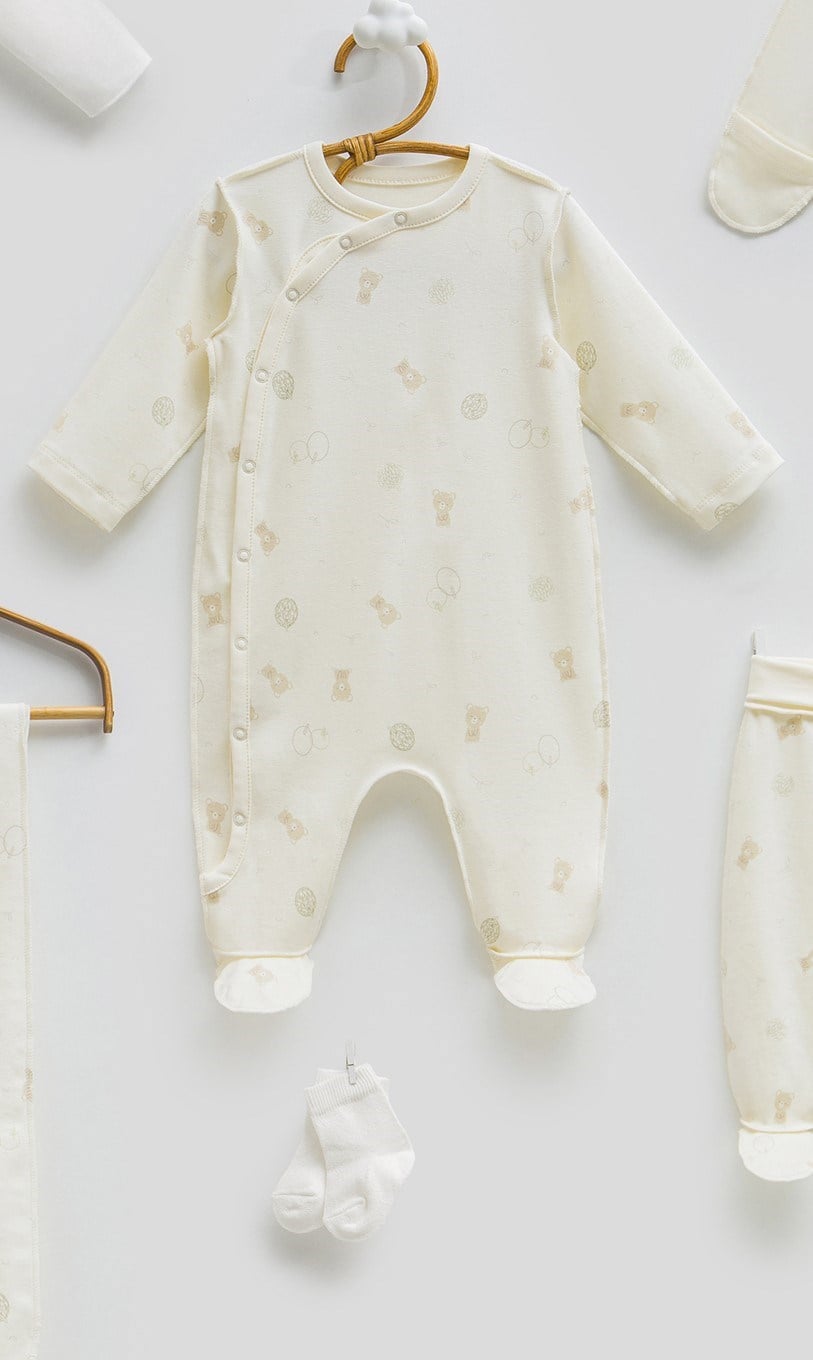 Hastane Çıkışı SetleriCaramell %100 Pamuk Ters Dikişli 10lu Unisex Set Ekru 