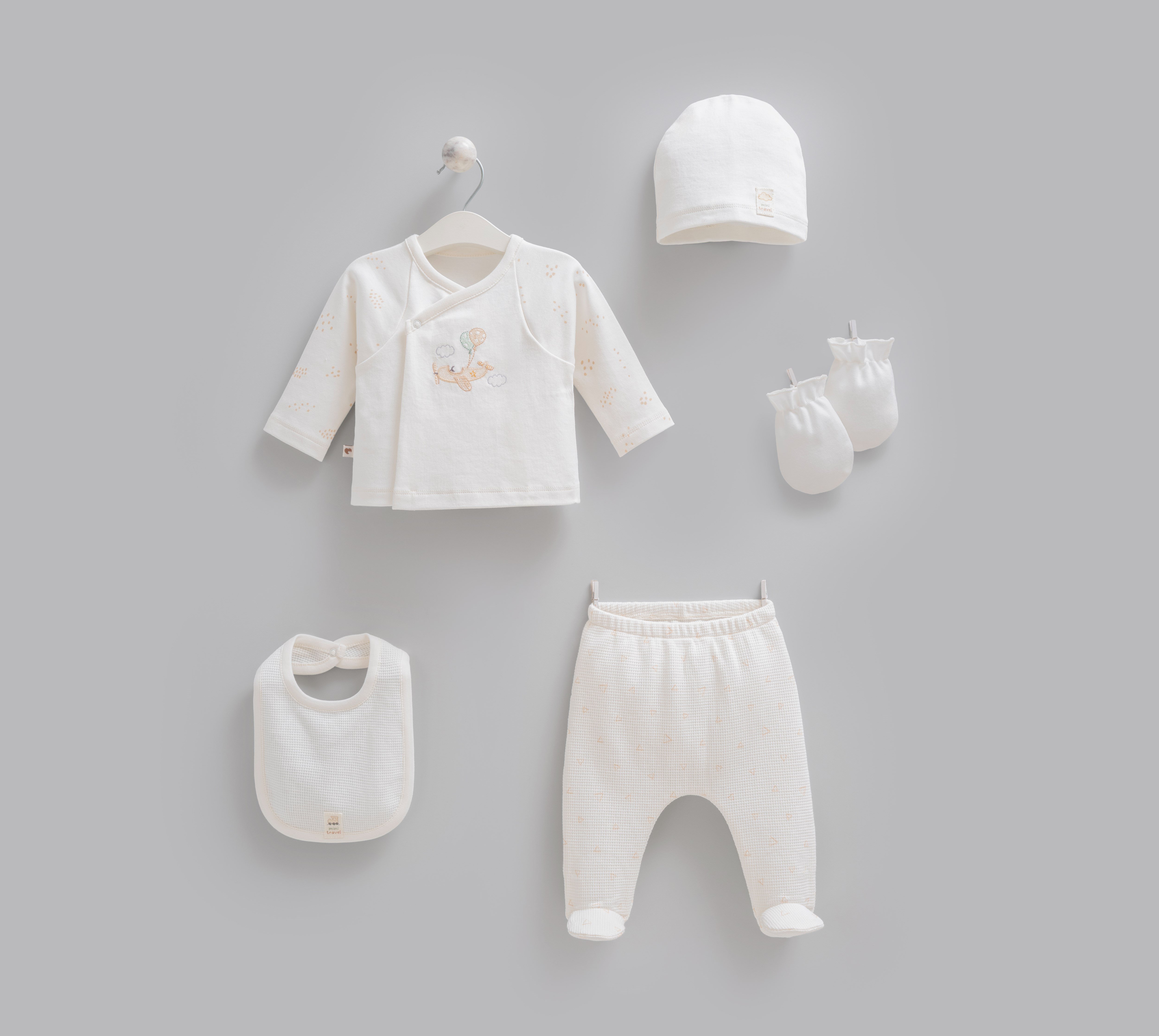Hastane Çıkışı SetleriCaramell Parma %100 Pamuk 5li Unisex Set Ekru