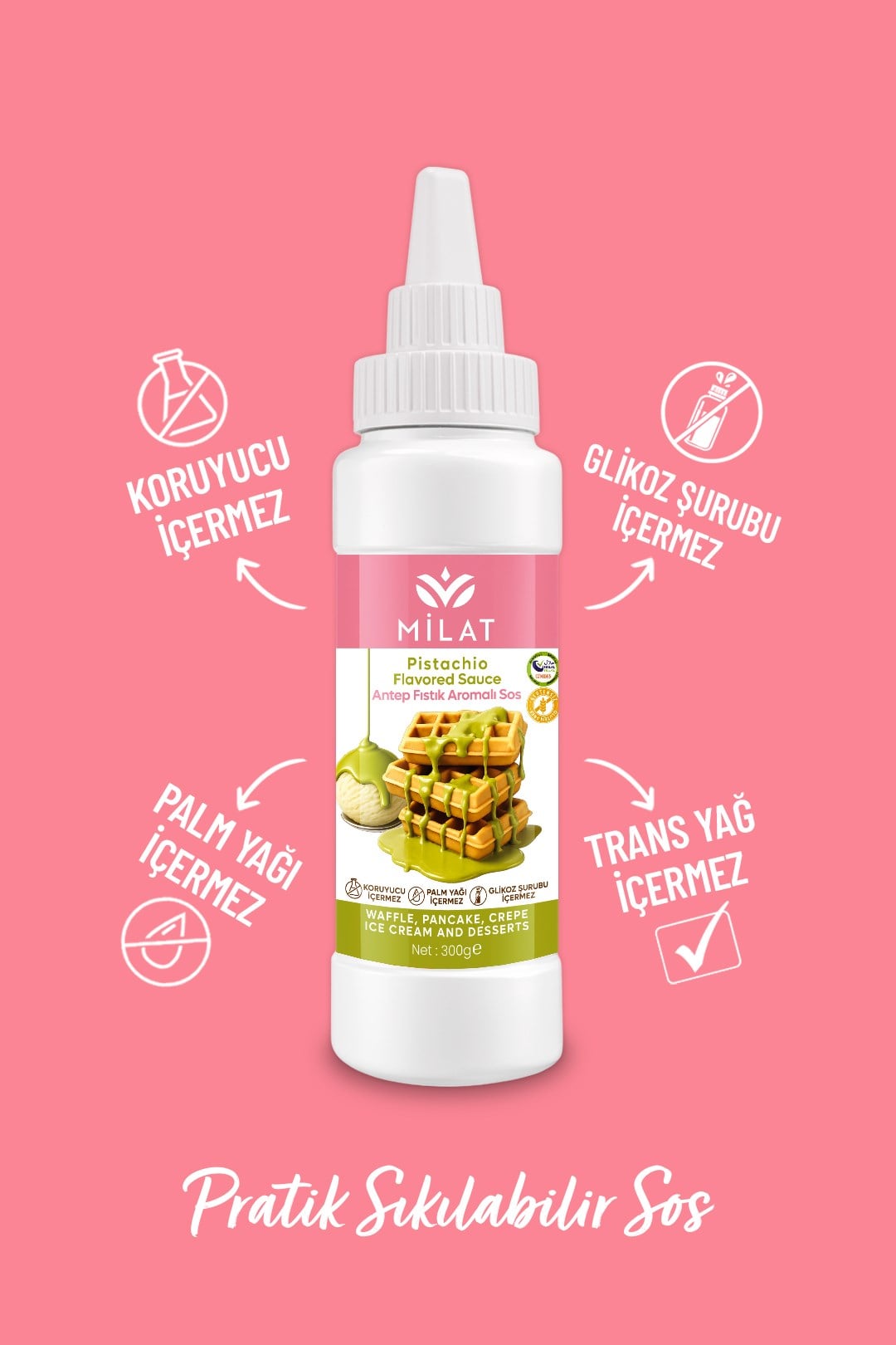 Antep Fıstık Aromalı Tatlı Sos 300 g - Waffle & Krep & Pankek & Tatlı & Dondurma SosuWaffle SoslarMilat