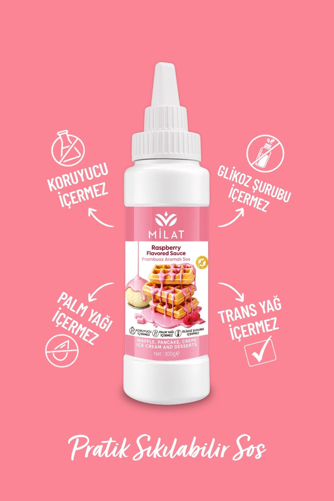 Frambuaz Aromalı Tatlı Sos 300 g - Waffle & Krep & Pankek & Tatlı & Dondurma SosuWaffle SoslarMilat