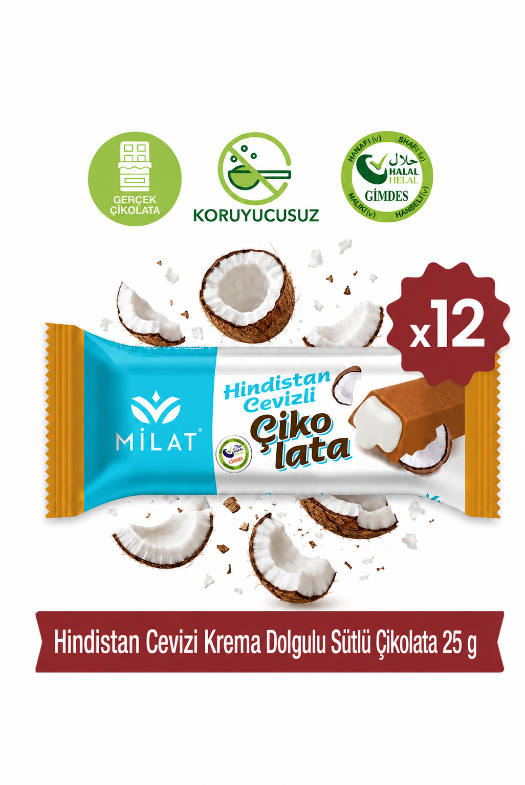 Milat Krema Dolgulu Hindistan Cevizli Sütlü Çikolata 12 × 25 gTablet ÇikolataMilat